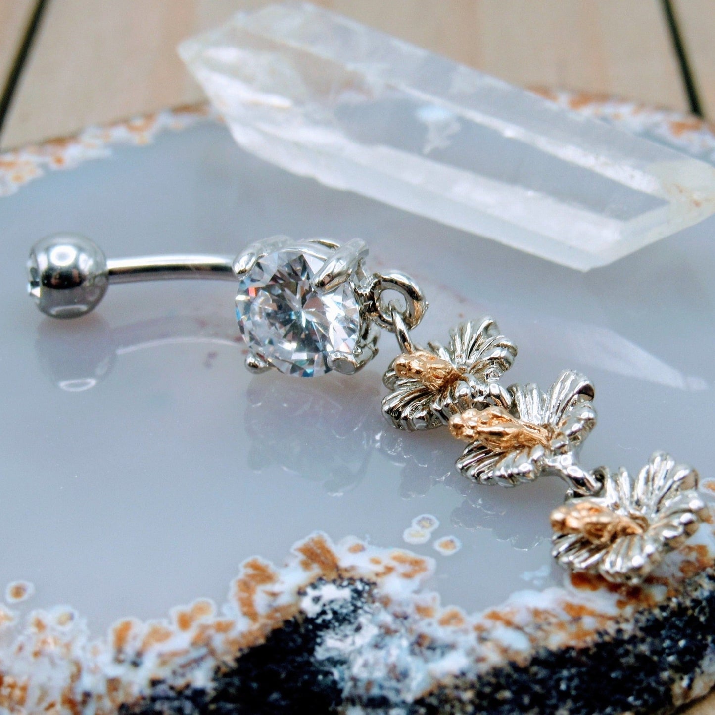 14g CZ double gemstone dangle belly button ring silver flower 316L stainless steel flowers navel jewelry - Siren Body Jewelry
