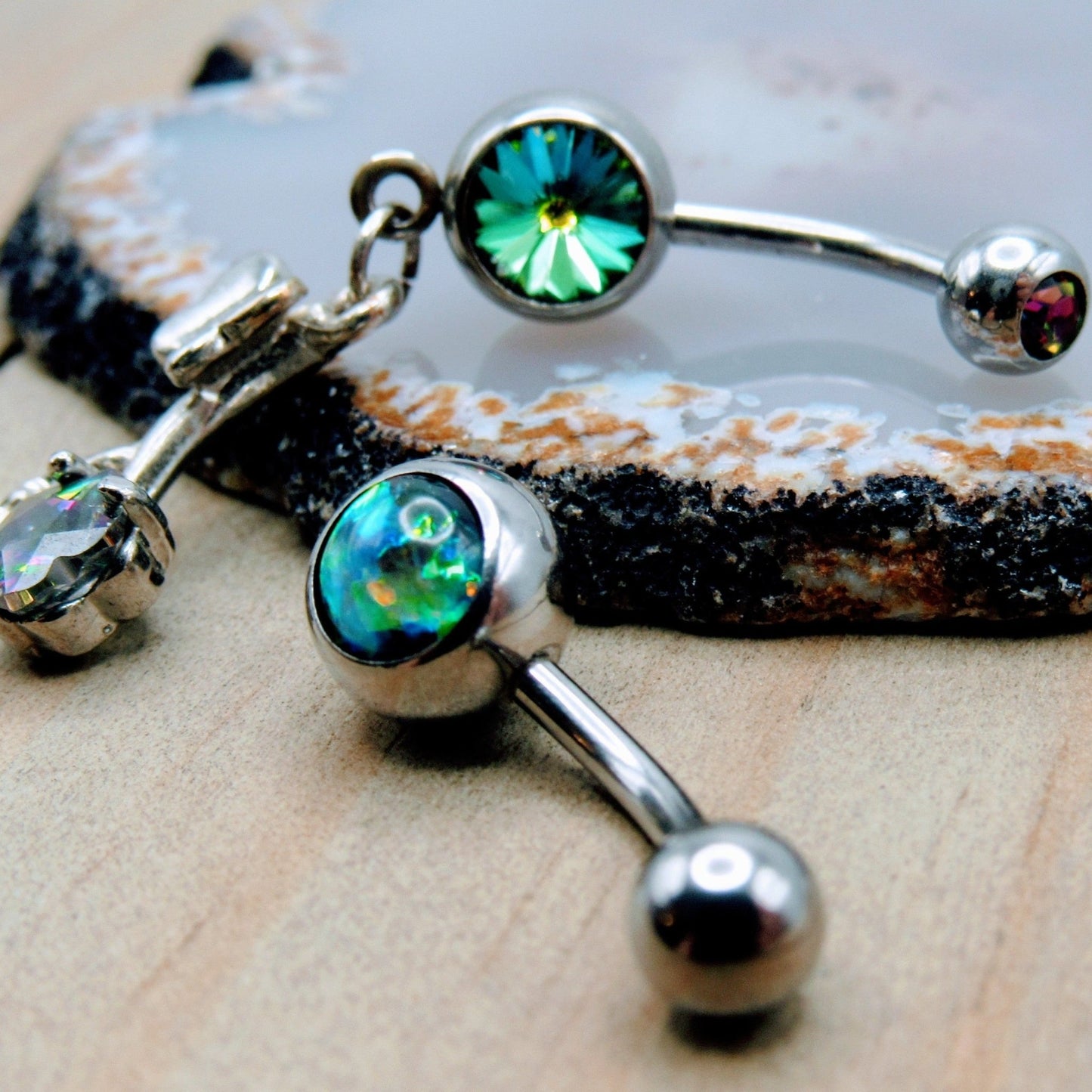 14g Green opal stainless steel belly button piercing ring silver butterfly flower double gemstone dangle navel piercing jewelry set of 2 - Siren Body Jewelry