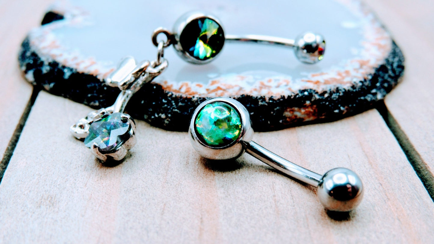 14g Green opal stainless steel belly button piercing ring silver butterfly flower double gemstone dangle navel piercing jewelry set of 2 - Siren Body Jewelry