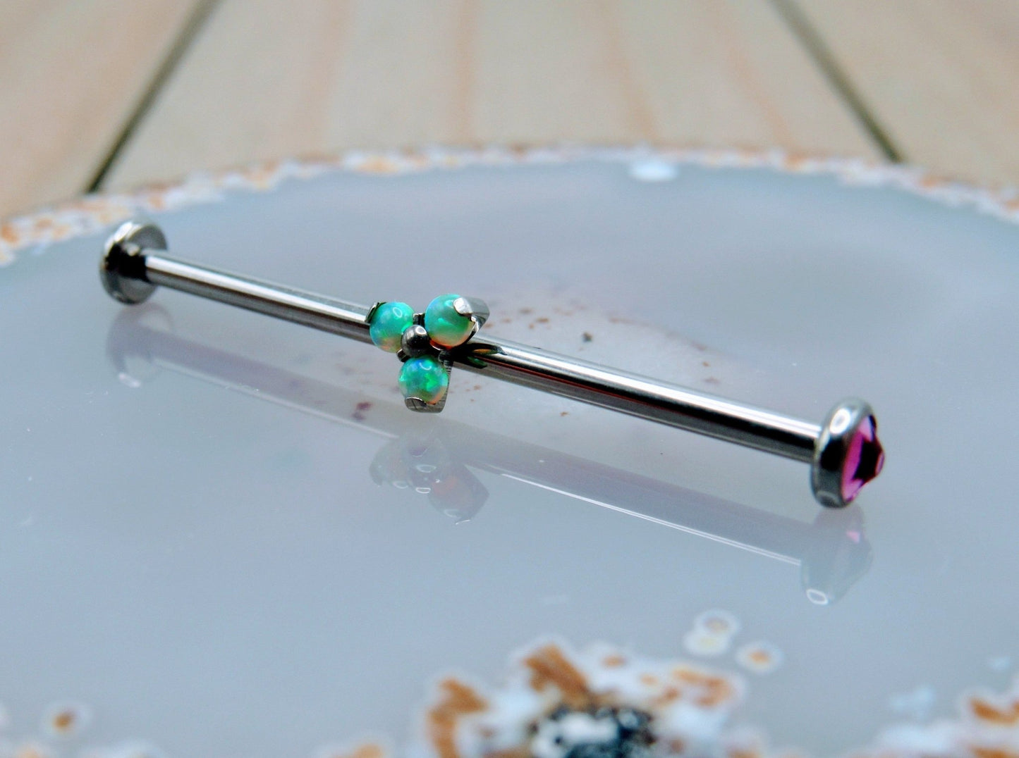 14g Green opal titanium industrial ear piercing barbell 4mm bezel set pink cz gemstone ends 1 1/4" internally threaded - Siren Body Jewelry