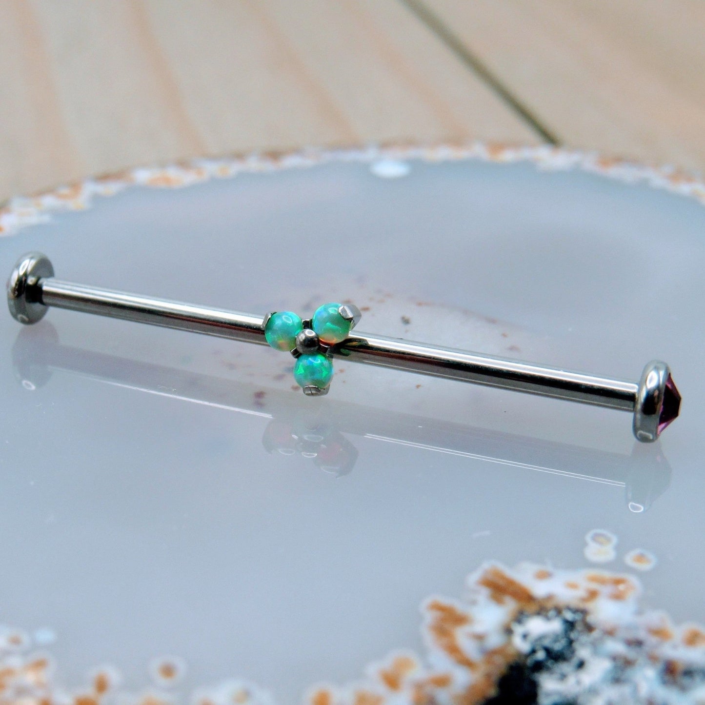 14g Green opal titanium industrial ear piercing barbell 4mm bezel set pink cz gemstone ends 1 1/4" internally threaded - Siren Body Jewelry