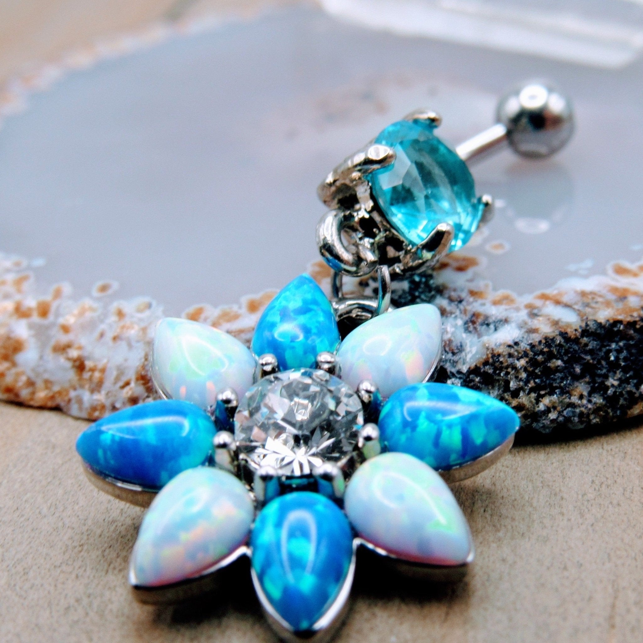 Opal flower shaped dangle belly button piercing ring aqua cz