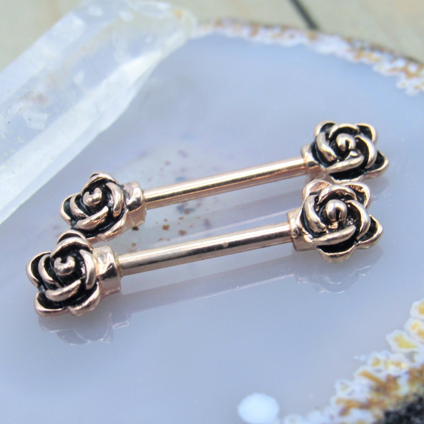 14g Rose flower nipple piercing barbell set 1/2" length rose gold over 316L stainless steel body jewelry barbells - Siren Body Jewelry