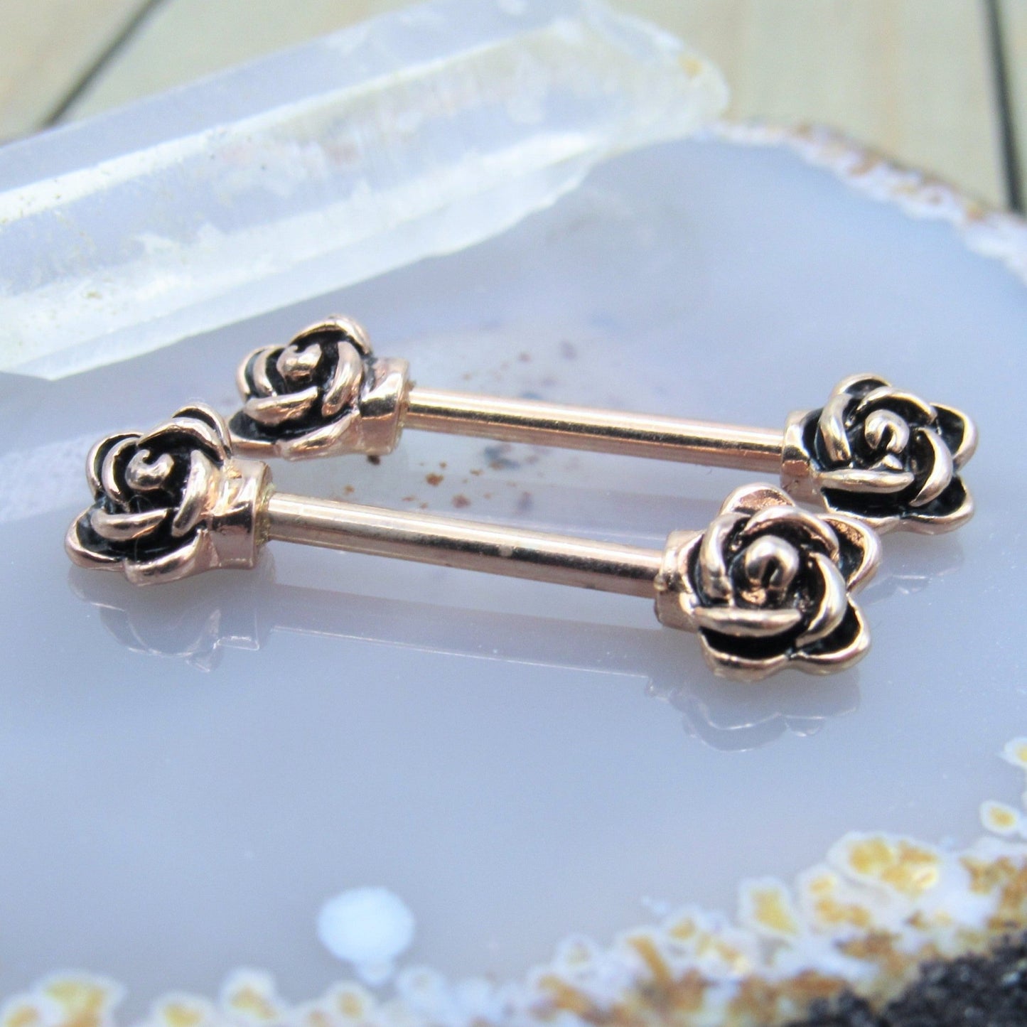 14g Rose flower nipple piercing barbell set 1/2" length rose gold over 316L stainless steel body jewelry barbells - Siren Body Jewelry