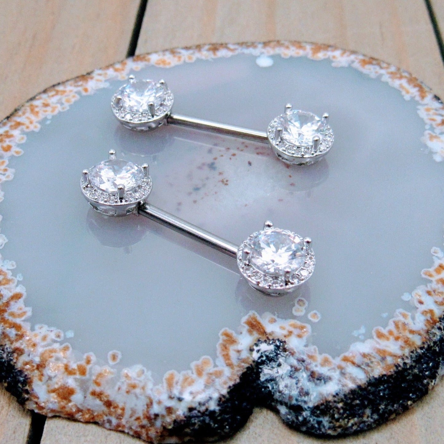 14g Round CZ gemstone paved gems nipple piercing barbell set 9/16" length pair silver surgical steel - Siren Body Jewelry