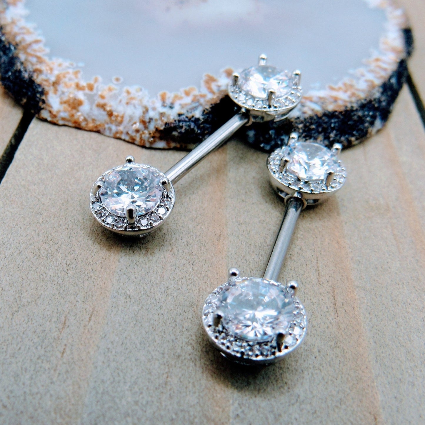 14g Round CZ gemstone paved gems nipple piercing barbell set 9/16" length pair silver surgical steel - Siren Body Jewelry