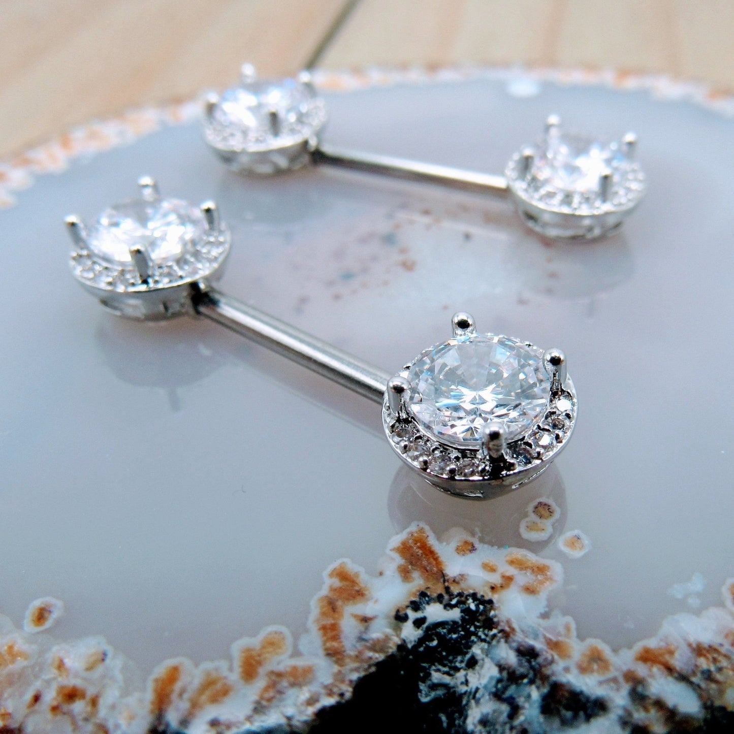 14g Round CZ gemstone paved gems nipple piercing barbell set 9/16" length pair silver surgical steel - Siren Body Jewelry