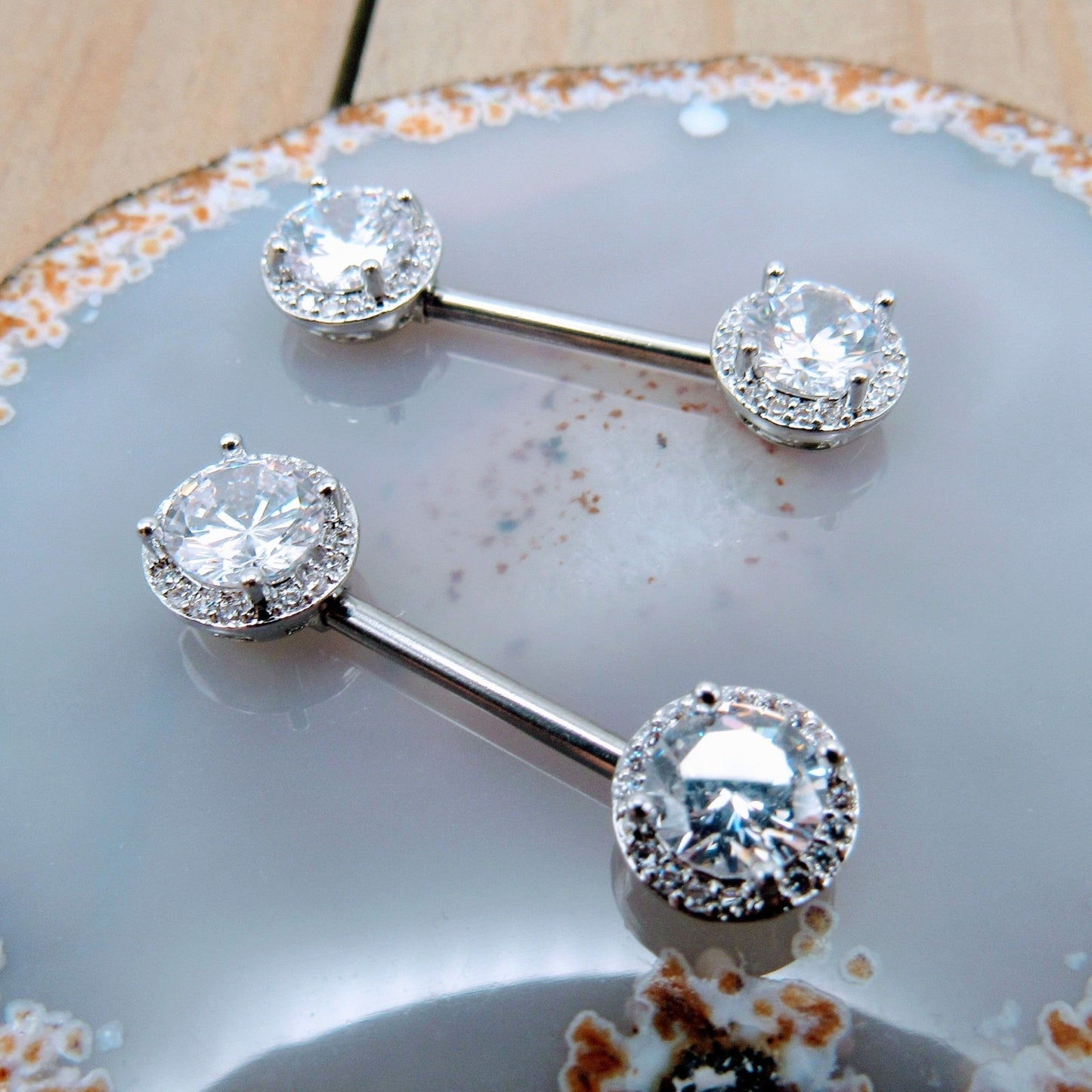14g Round CZ gemstone paved gems nipple piercing barbell set 9/16" length pair silver surgical steel - Siren Body Jewelry