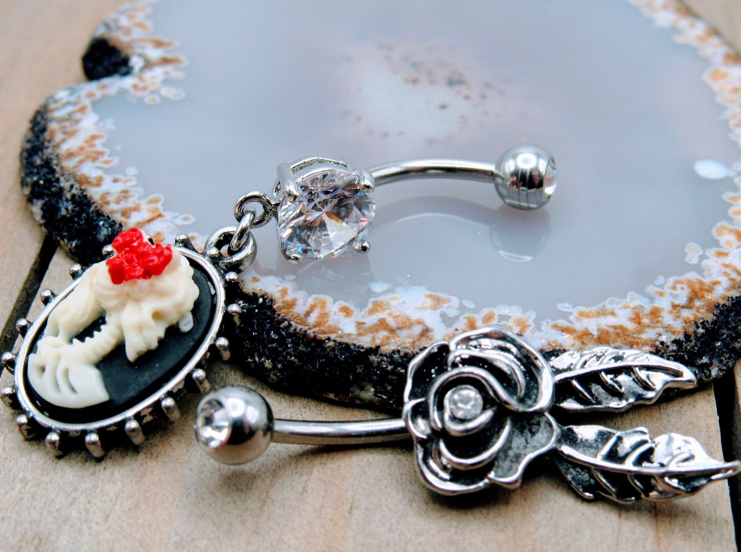 14g Skeleton dangle belly button piercing ring gemstone flower navel gemstone barbells 7/16" set of 2 - Siren Body Jewelry