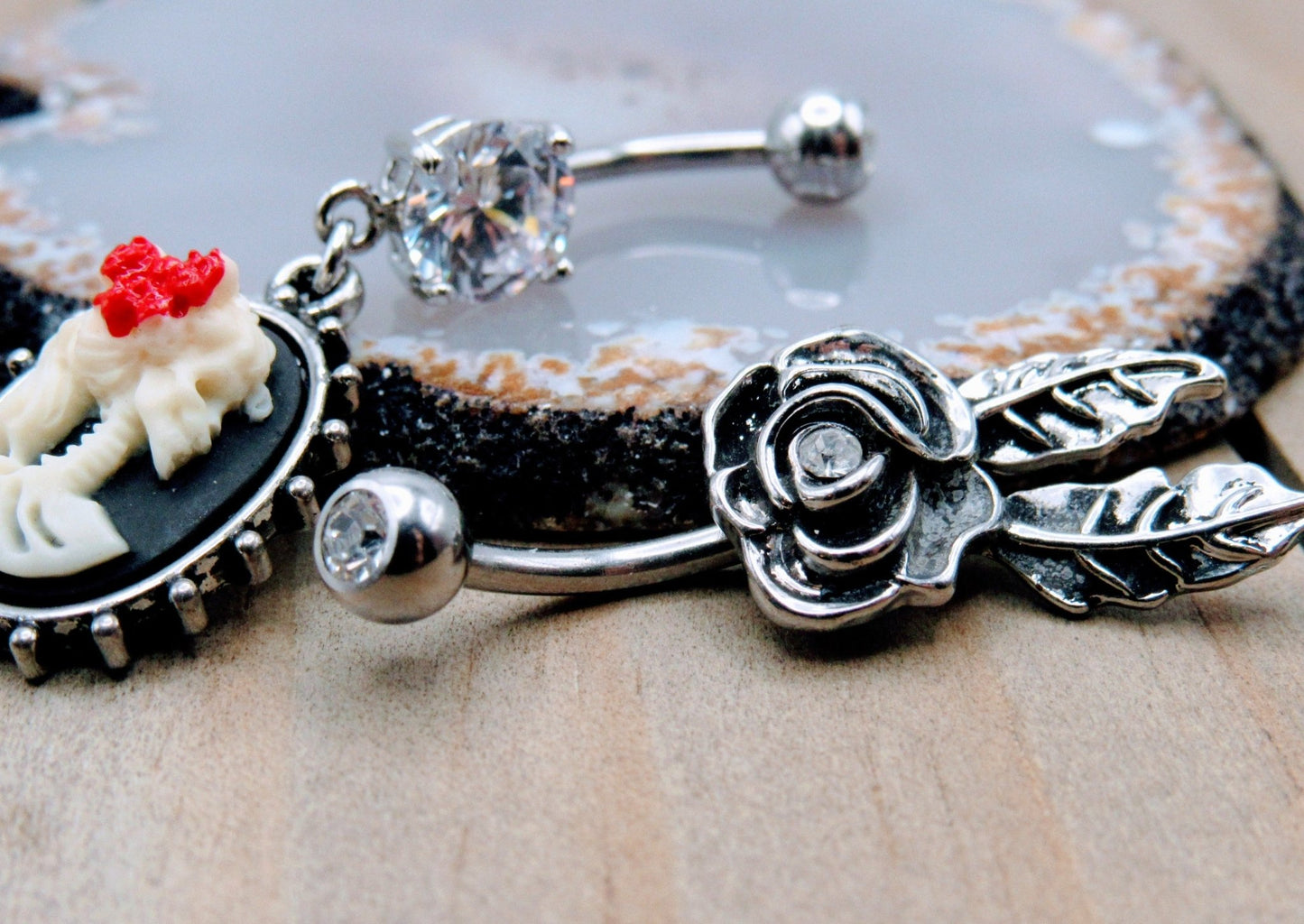 14g Skeleton dangle belly button piercing ring gemstone flower navel gemstone barbells 7/16" set of 2 - Siren Body Jewelry