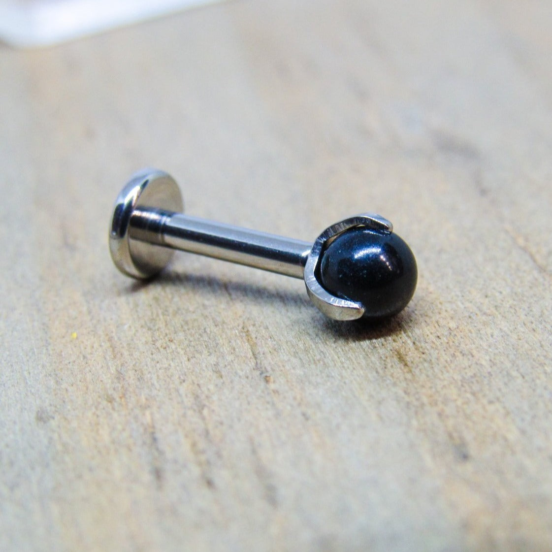 14g Titanium flat back labret 4mm Onyx semi precious stone internally threaded lip conch earlobe tragus helix piercing stud hypoallergenic - SirenBodyJewelry