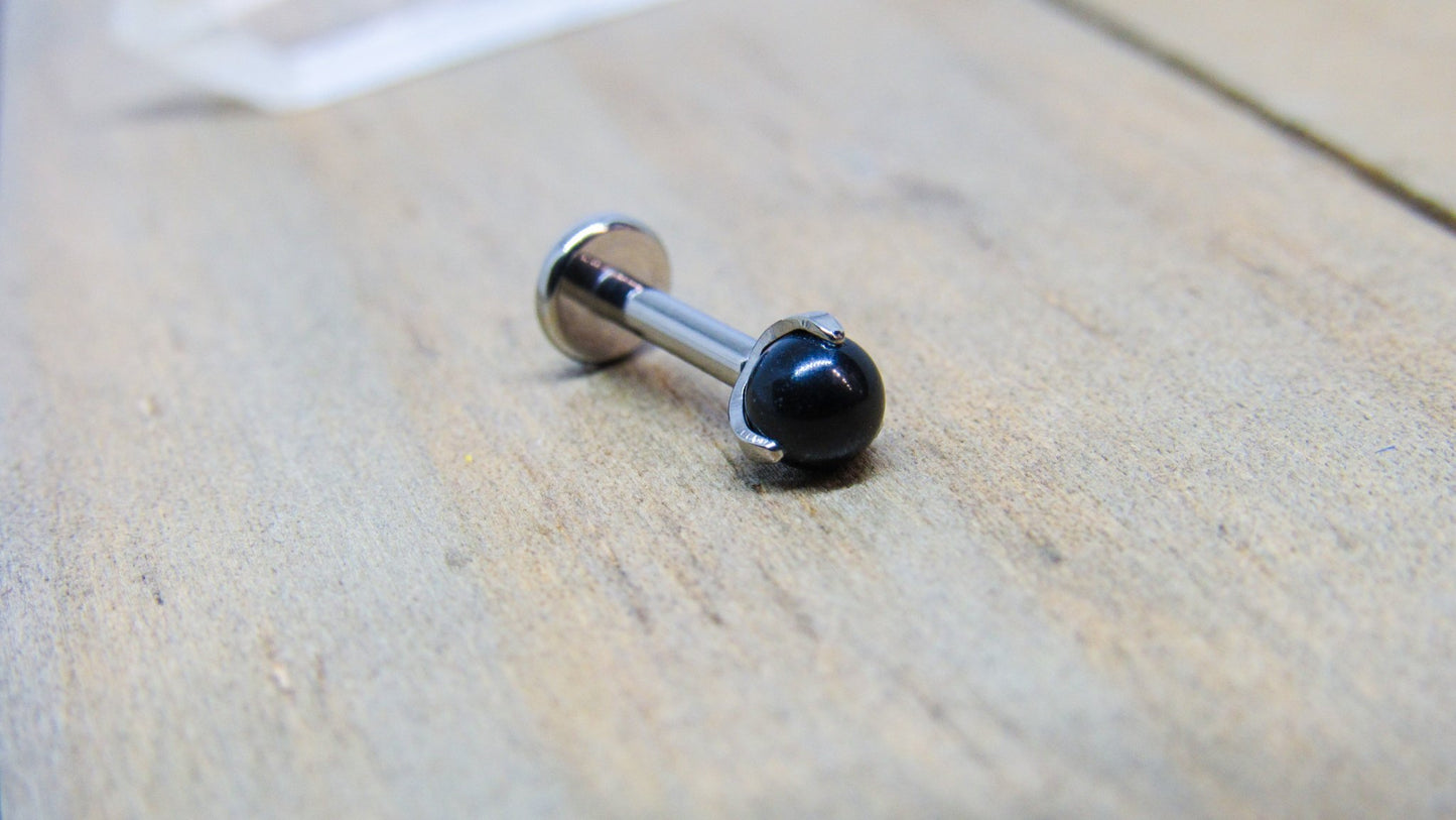 14g Titanium flat back labret 4mm Onyx semi precious stone internally threaded lip conch earlobe tragus helix piercing stud hypoallergenic - SirenBodyJewelry