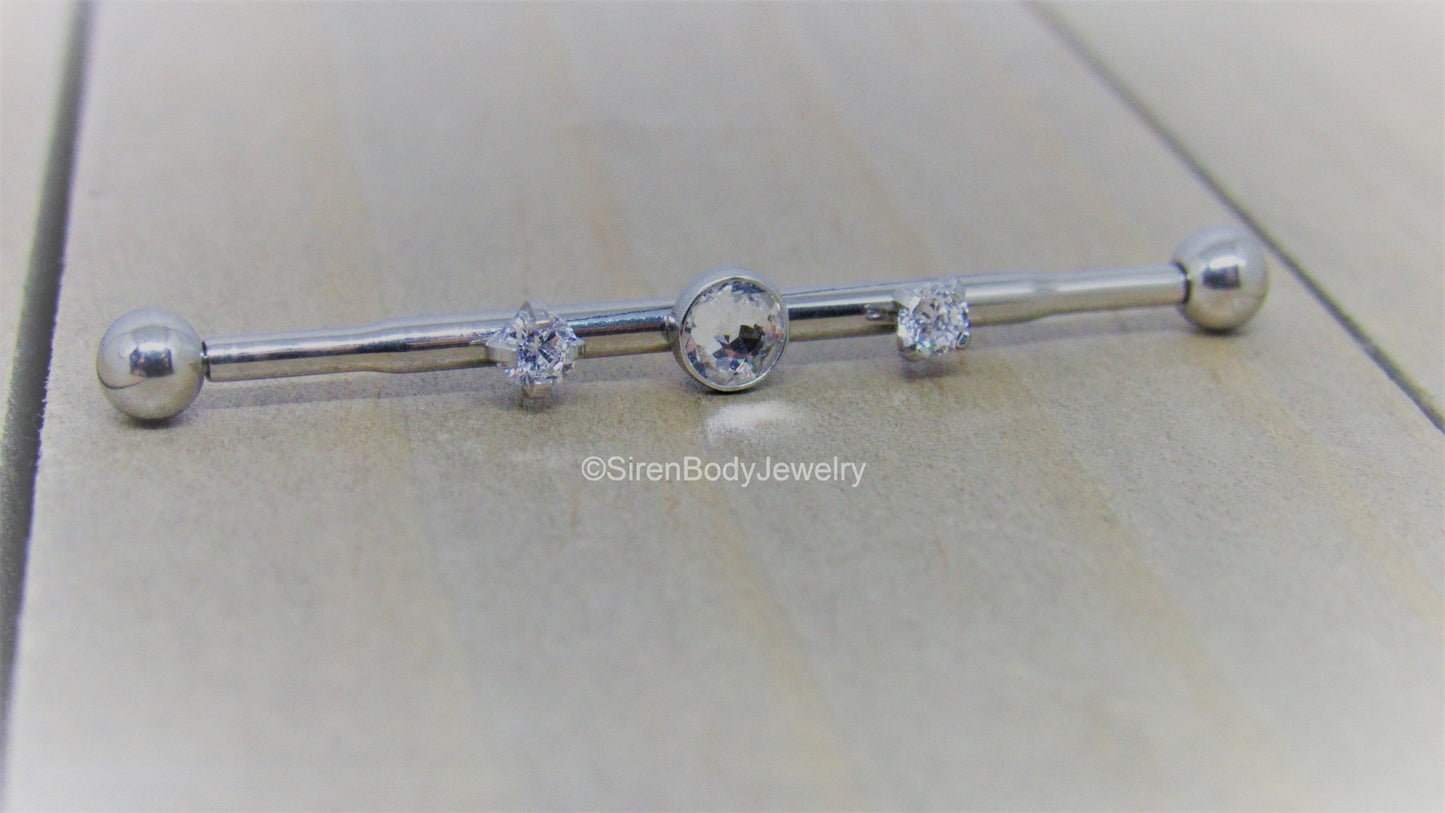 14g Titanium industrial piercing barbell 3 hole scaffold bar pick your length clear Swarovski gemstones - SirenBodyJewelry