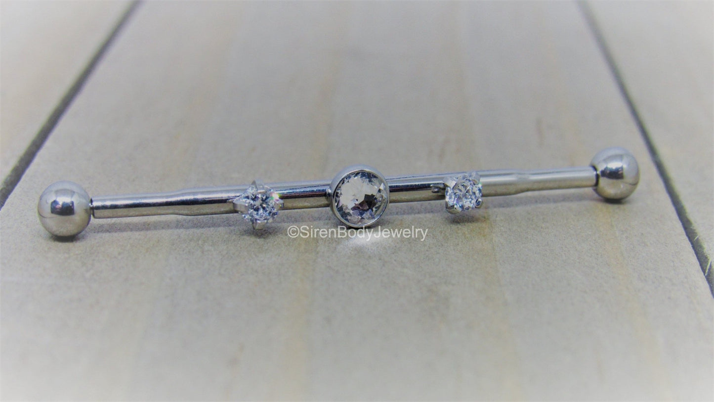 14g Titanium industrial piercing barbell 3 hole scaffold bar pick your length clear Swarovski gemstones - SirenBodyJewelry