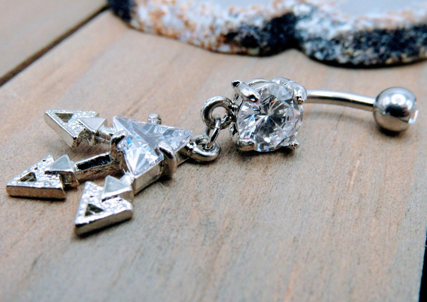 14g Triangle arrow dangle gemstone belly button piercing ring 7/16" length 316L stainless steel navel piercing jewelry bar - Siren Body Jewelry