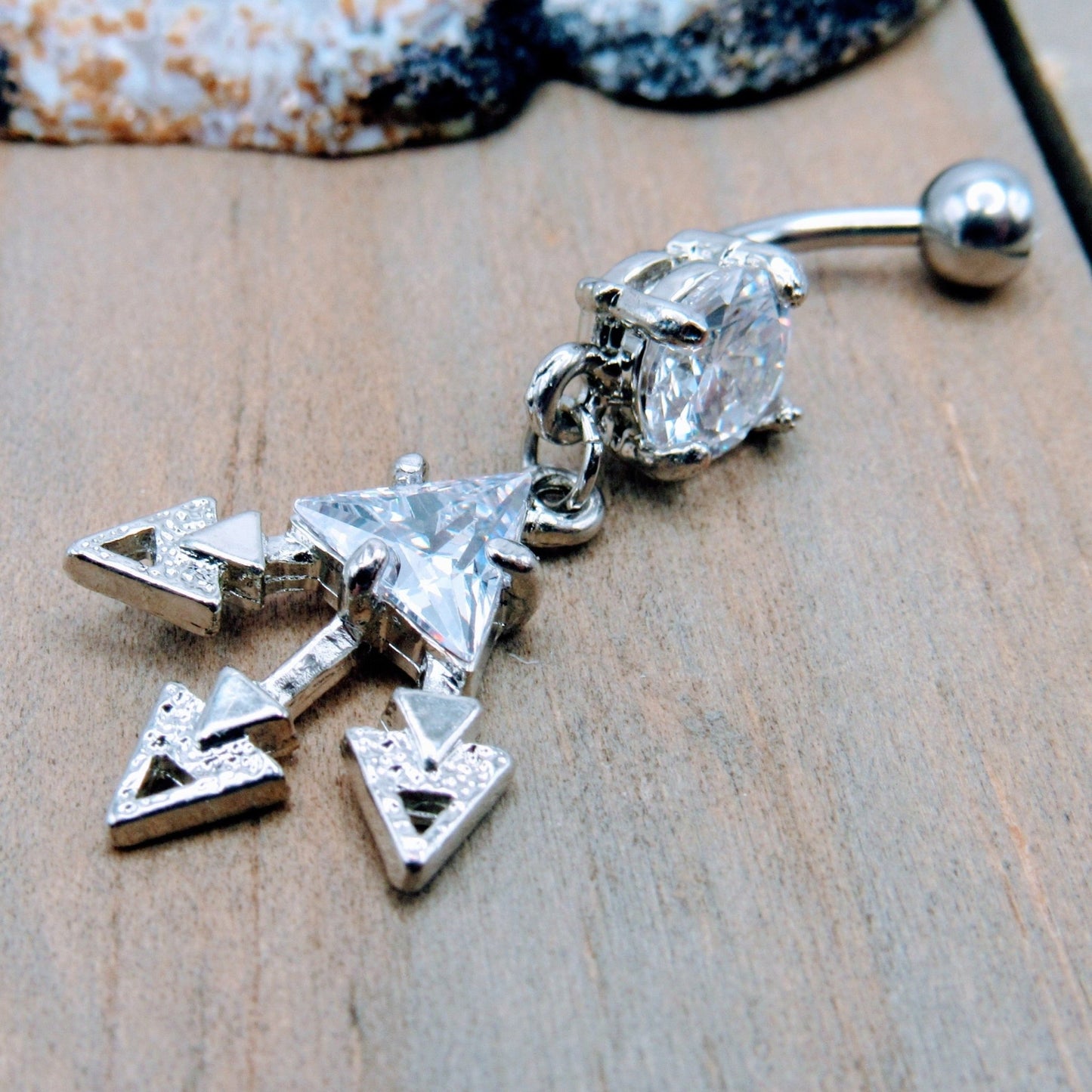 14g Triangle arrow dangle gemstone belly button piercing ring 7/16" length 316L stainless steel navel piercing jewelry bar - Siren Body Jewelry