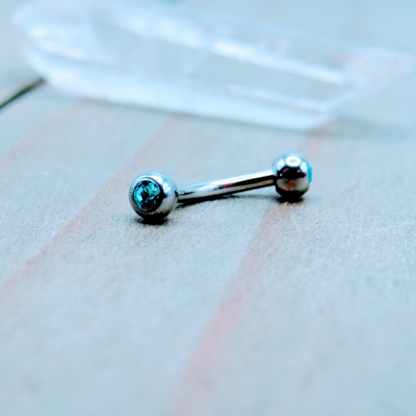 16g Eyebrow piercing barbell curved rook earring double aqua 3mm bezel set gemstones 5/16" 316L stainless steel externally threaded bar - Siren Body Jewelry