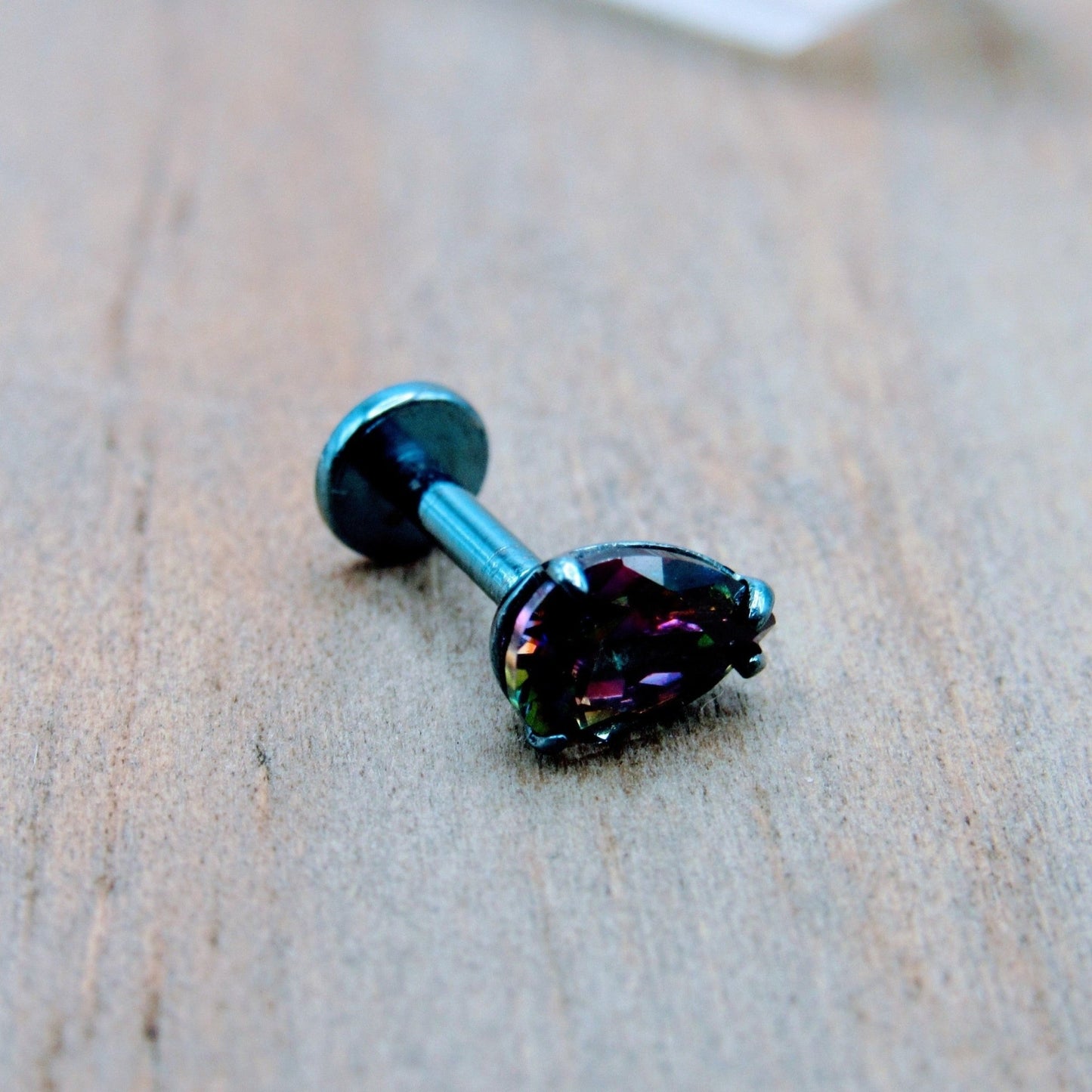 16g Titanium pear shaped mystic topaz gemstone flat back labret earring stud helix conch philtrum body jewelry stud - Siren Body Jewelry
