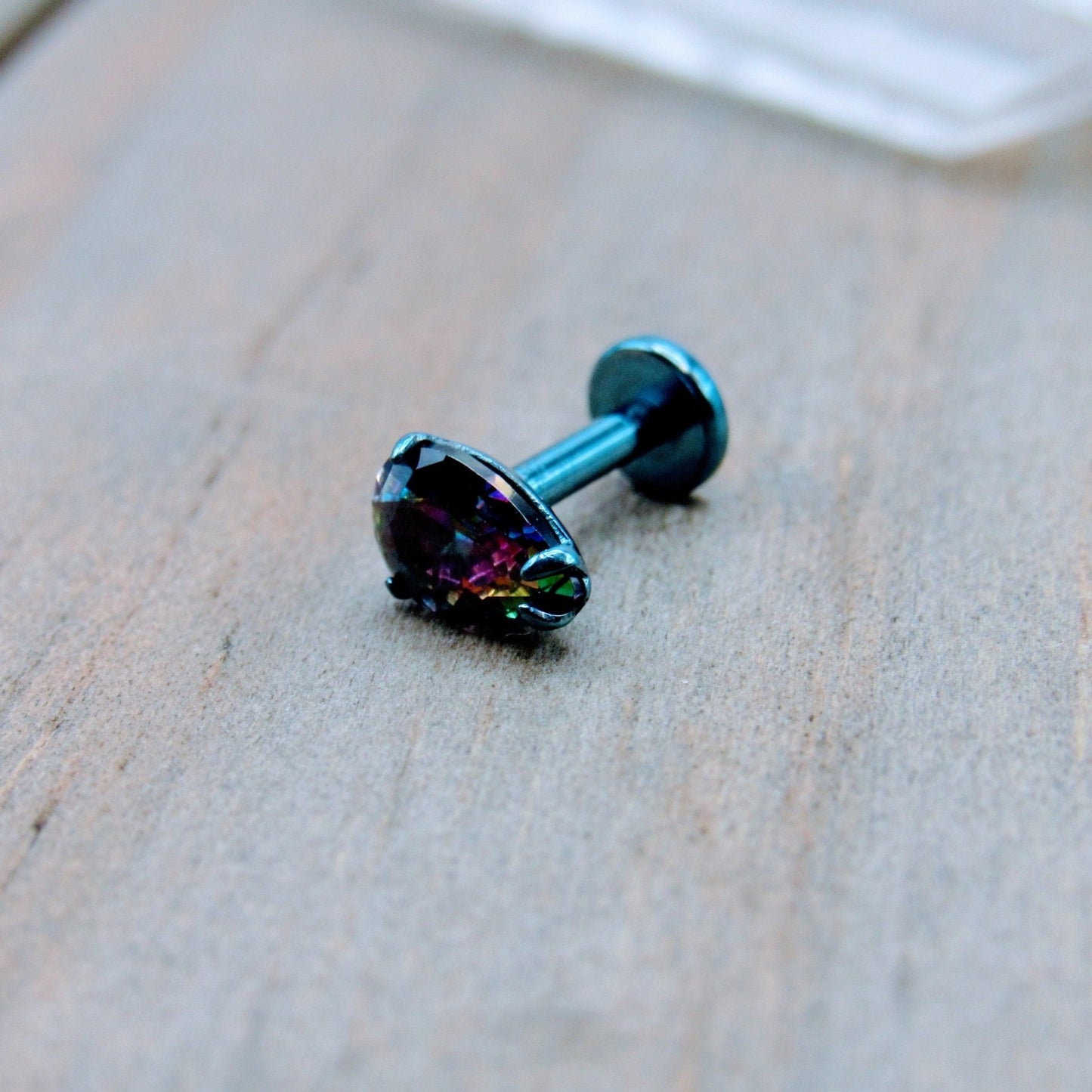 16g Titanium pear shaped mystic topaz gemstone flat back labret earring stud helix conch philtrum body jewelry stud - Siren Body Jewelry
