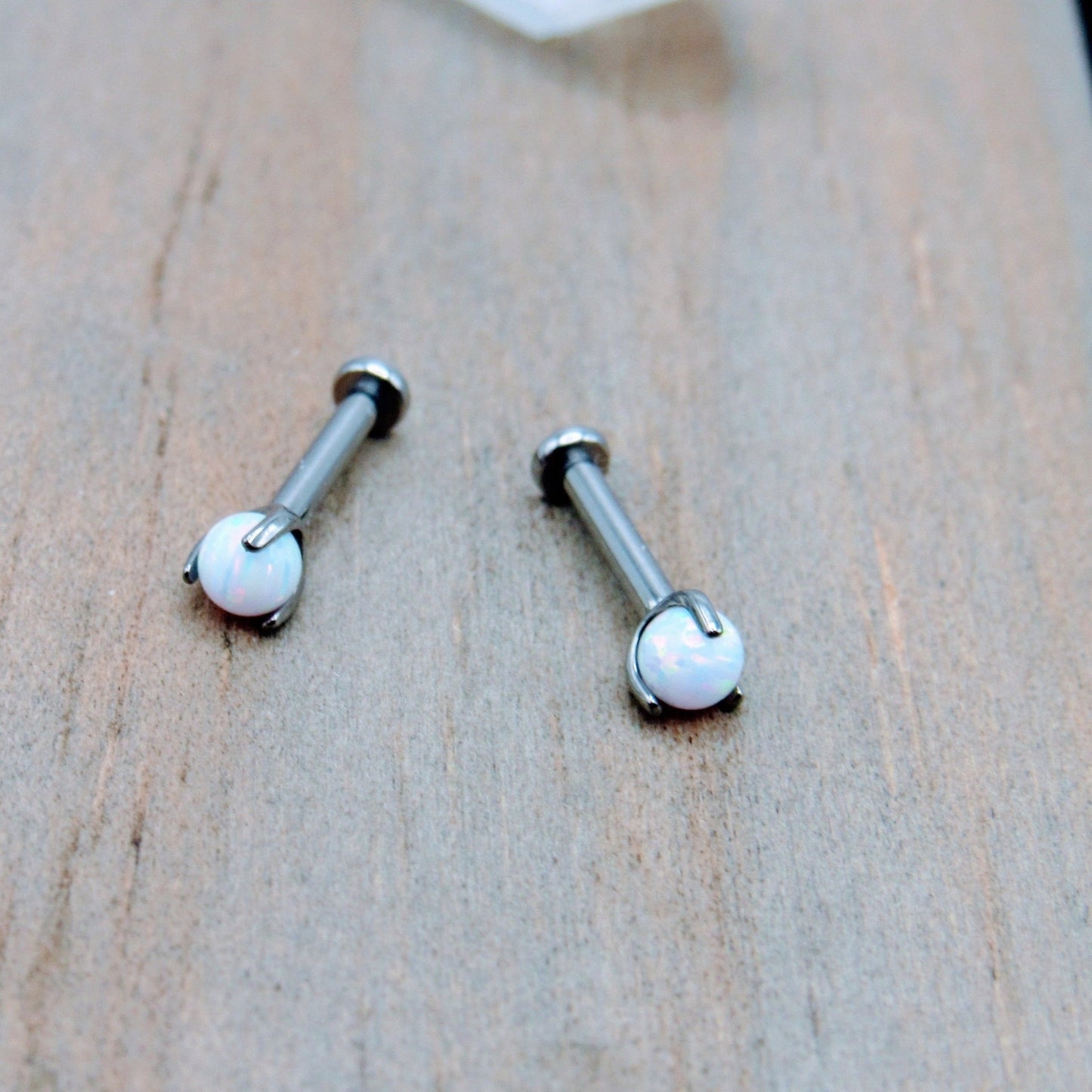 16g White opal titanium flat back earring stud set internally threaded 3mm prong set opals helix earlobe conch jewelry - Siren Body Jewelry
