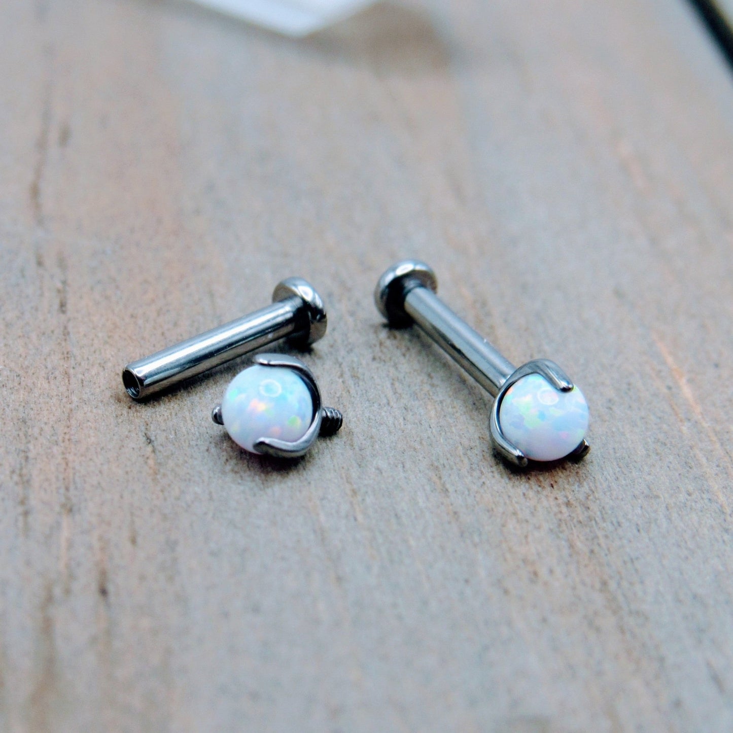16g White opal titanium flat back earring stud set internally threaded 3mm prong set opals helix earlobe conch jewelry - Siren Body Jewelry