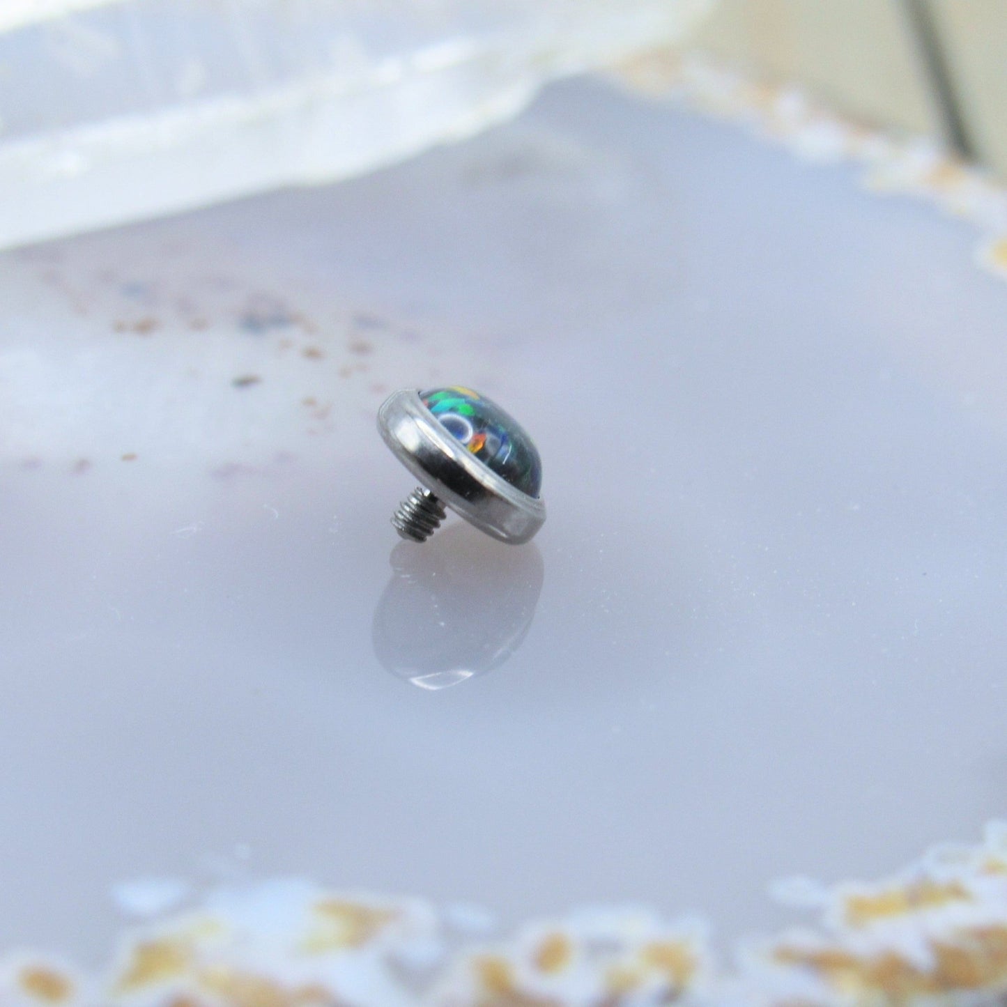 Black opal dermal piercing top 14g threaded end 5mm bezel set replacement body jewelry part - Siren Body Jewelry