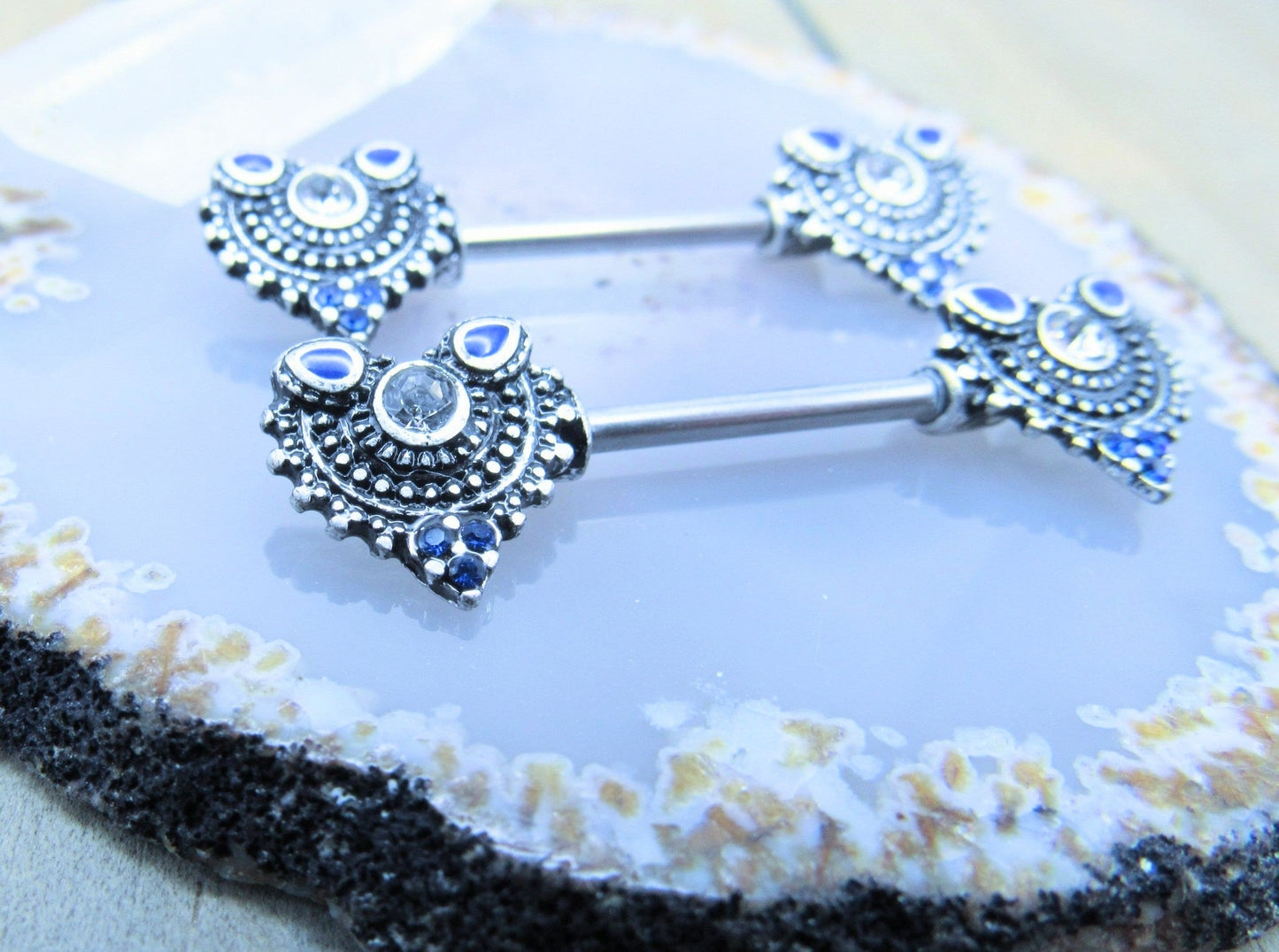 Blue Gemstone Design Nipple Piercing Barbell Set 316 SS - Siren Body Jewelry
