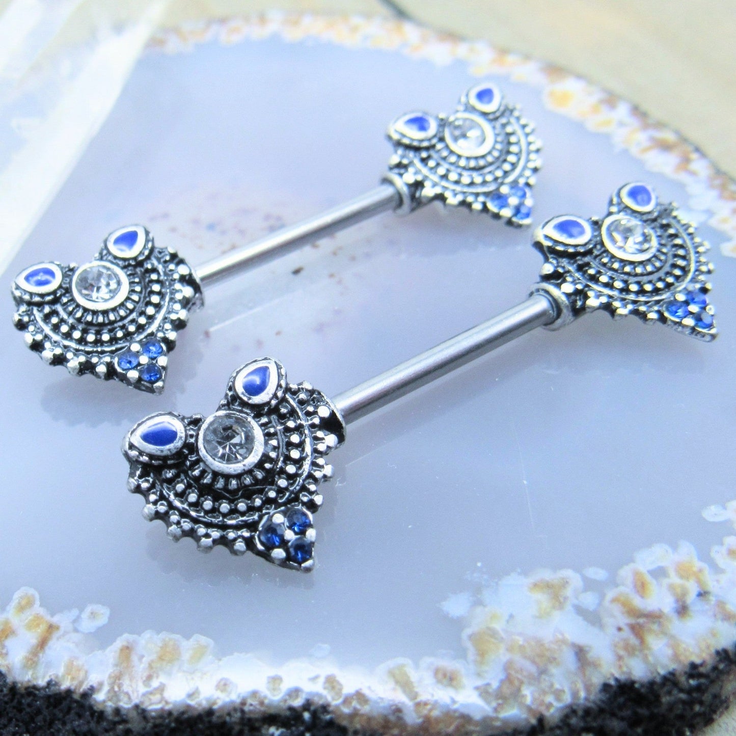 Blue Gemstone Design Nipple Piercing Barbell Set 316 SS - Siren Body Jewelry