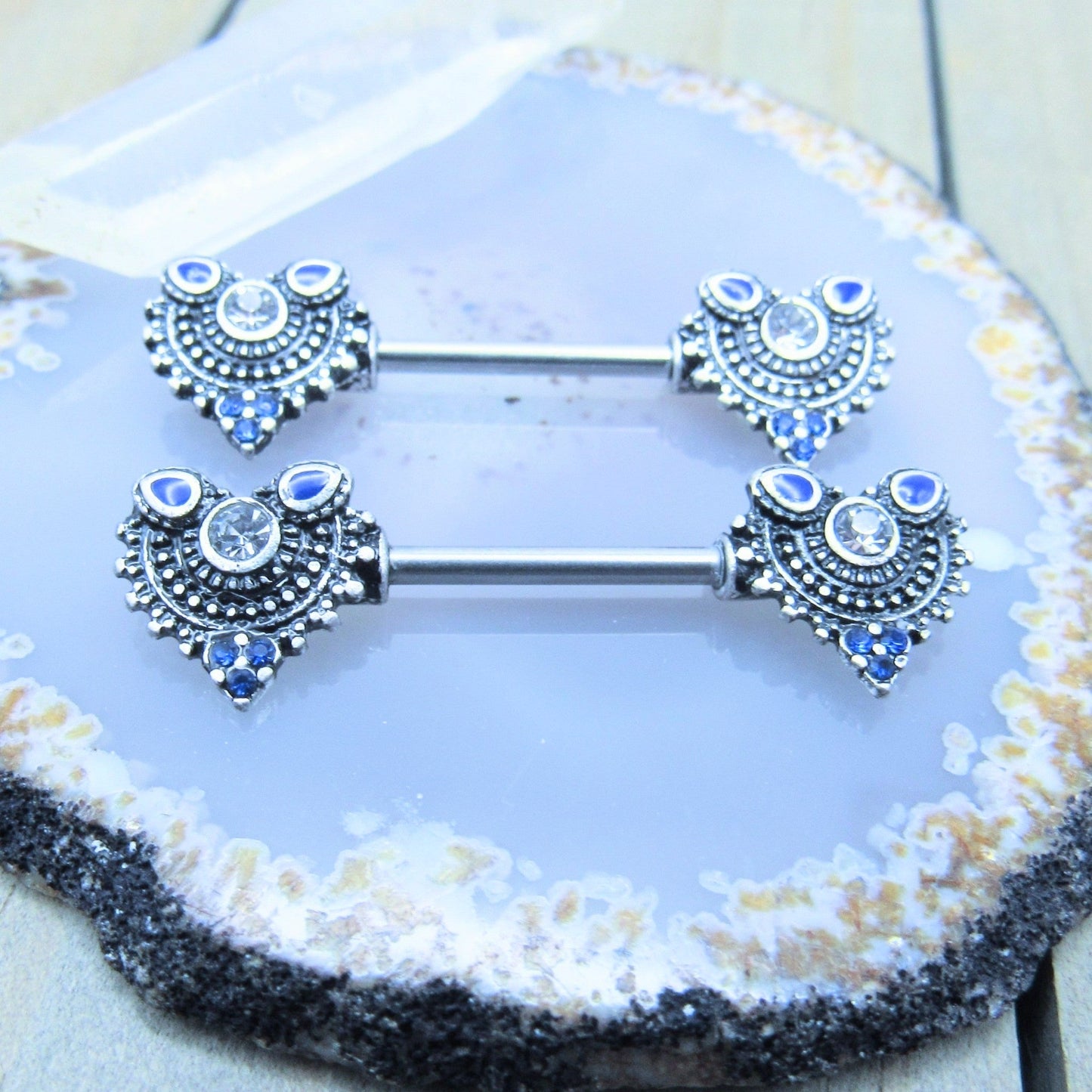 Blue Gemstone Design Nipple Piercing Barbell Set 316 SS - Siren Body Jewelry