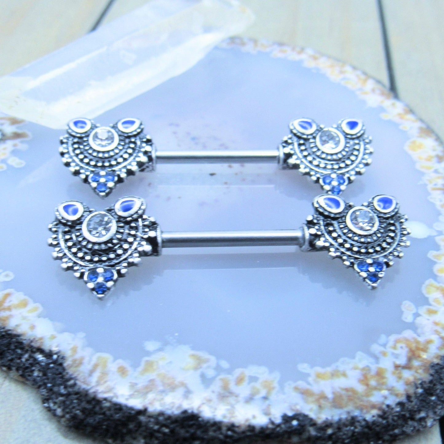 Blue Gemstone Design Nipple Piercing Barbell Set 316 SS - Siren Body Jewelry