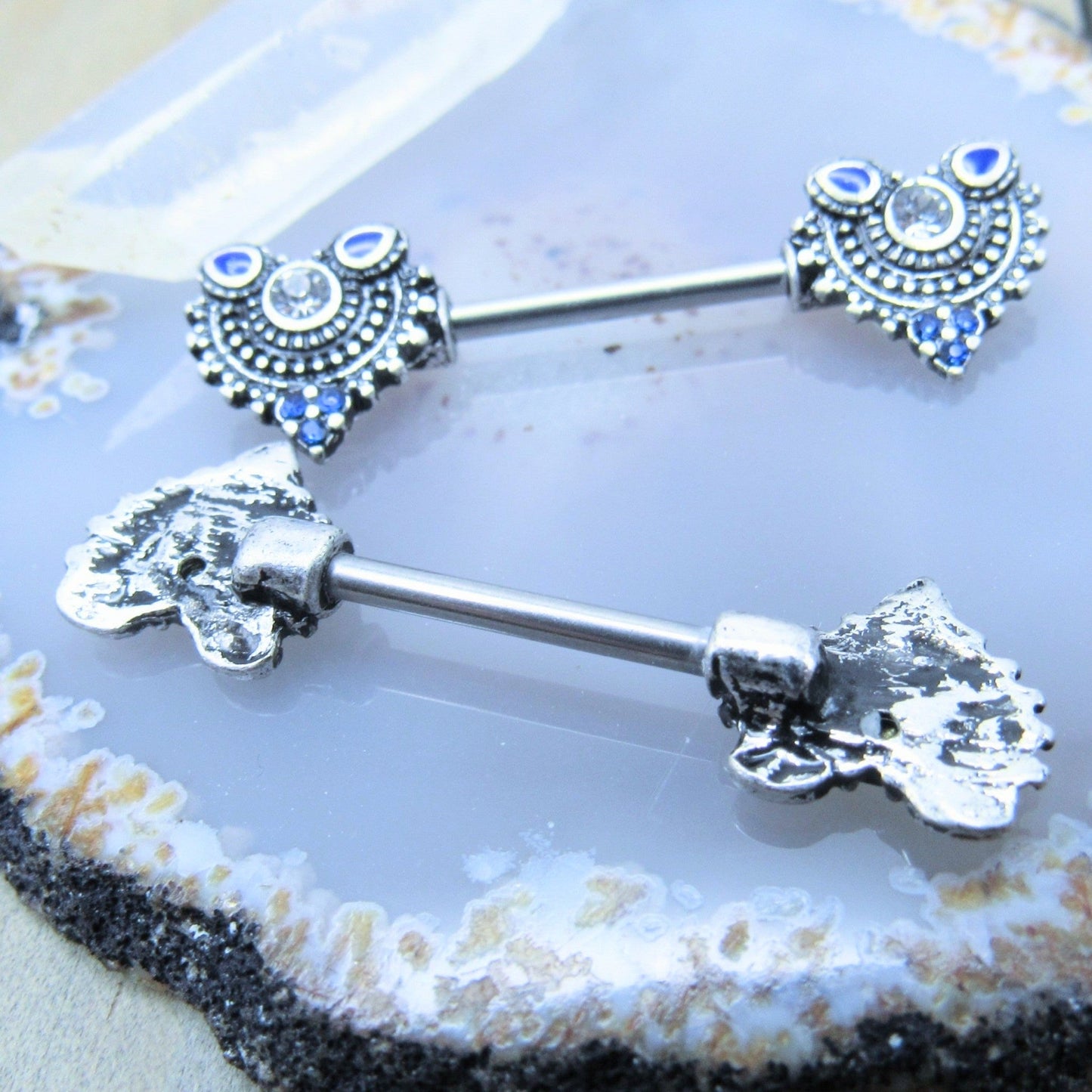 Blue Gemstone Design Nipple Piercing Barbell Set 316 SS - Siren Body Jewelry