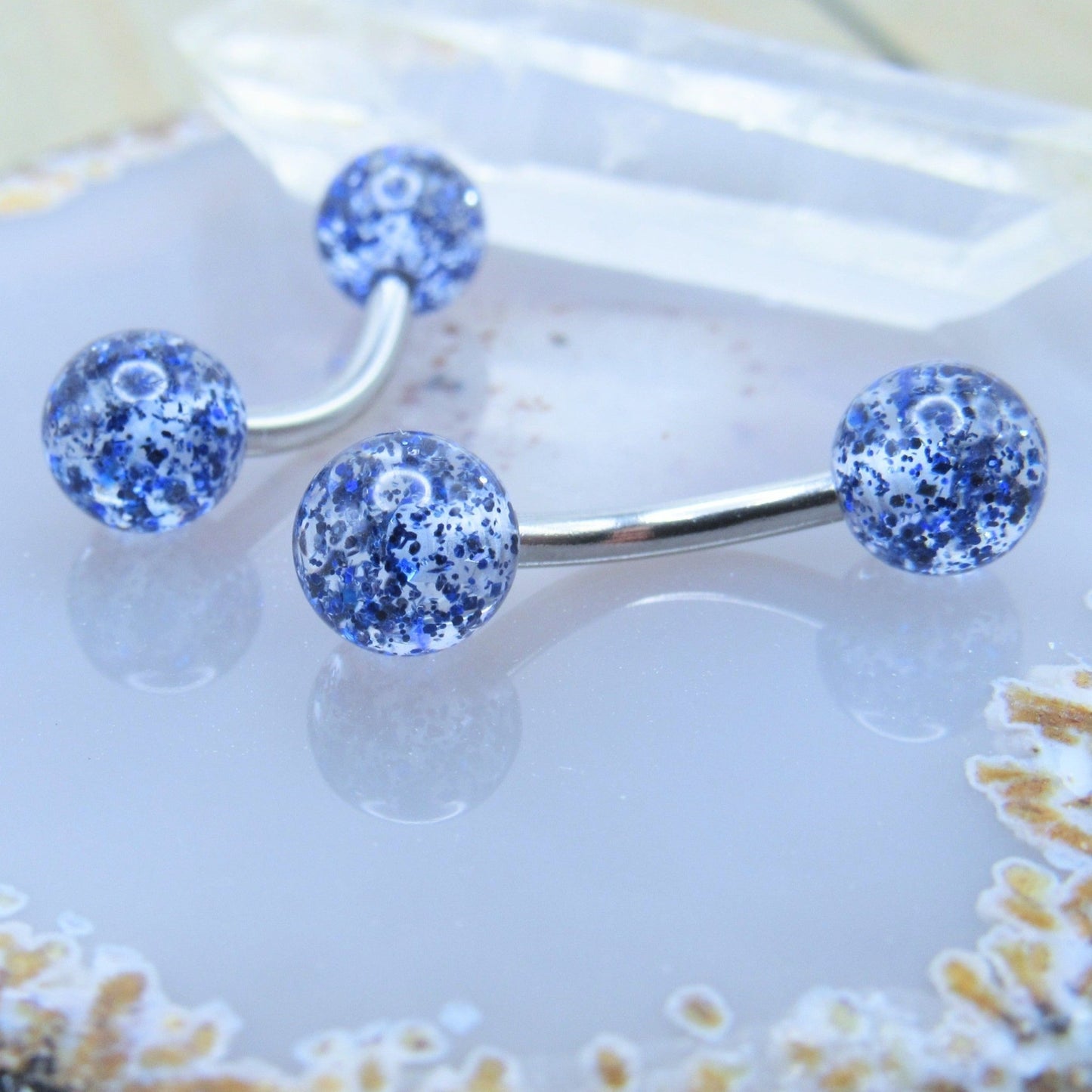 Blue glitter ball curved nipple piercing barbell set 14g 7/16" silver stainless steel pair - Siren Body Jewelry