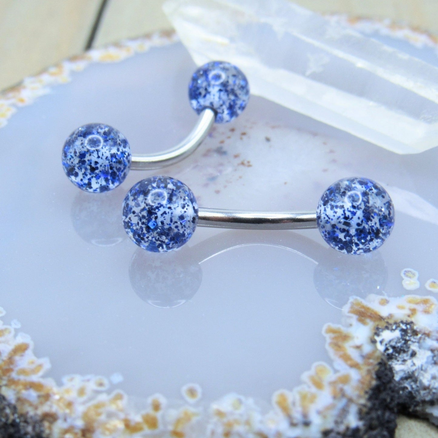 Blue glitter ball curved nipple piercing barbell set 14g 7/16" silver stainless steel pair - Siren Body Jewelry