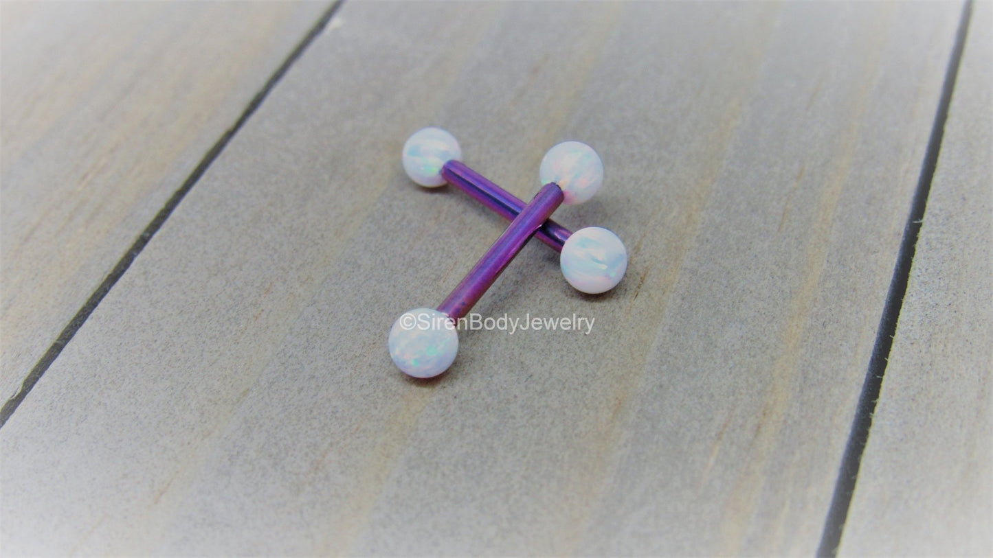 Blurple opal nipple piercing barbells 14g titanium nipples jewelry pair 4mm white opals pick your length - SirenBodyJewelry