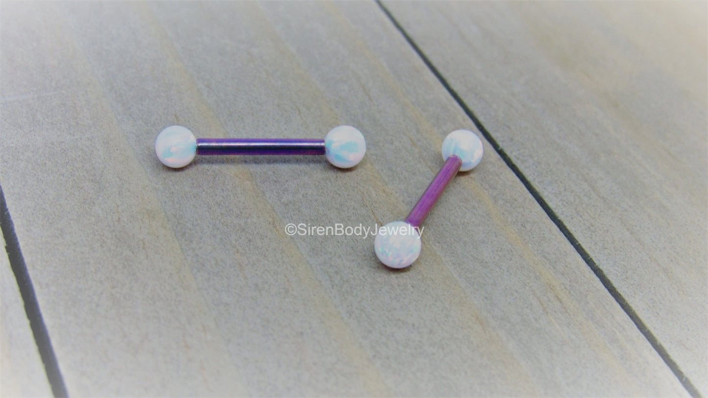 Blurple opal nipple piercing barbells 14g titanium nipples jewelry pair 4mm white opals pick your length - SirenBodyJewelry