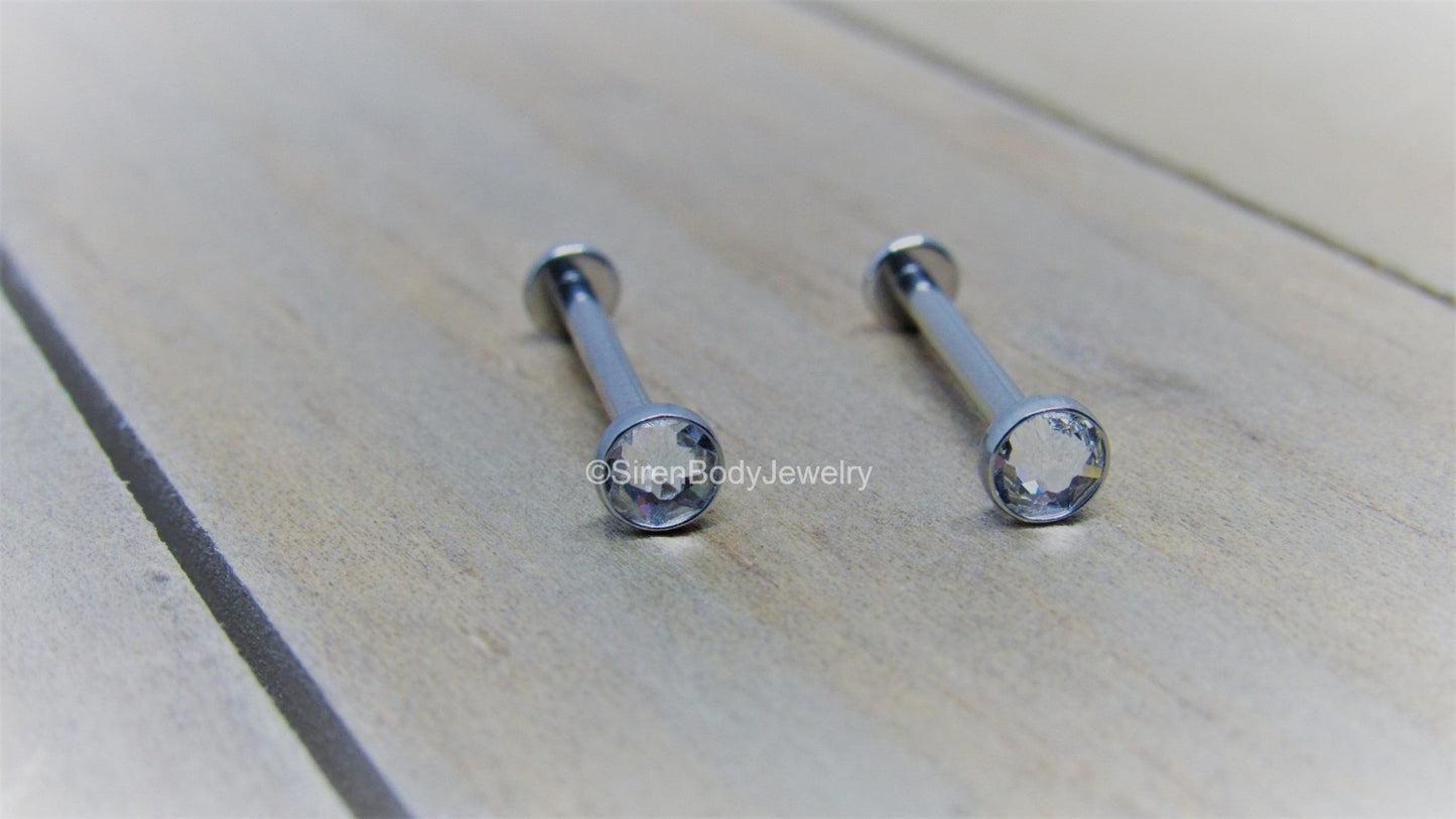 Cheek piercing barbell 14g 4.4mm CZ clear gem internally threaded titanium 5/8" 3/4" straight bar - SirenBodyJewelry