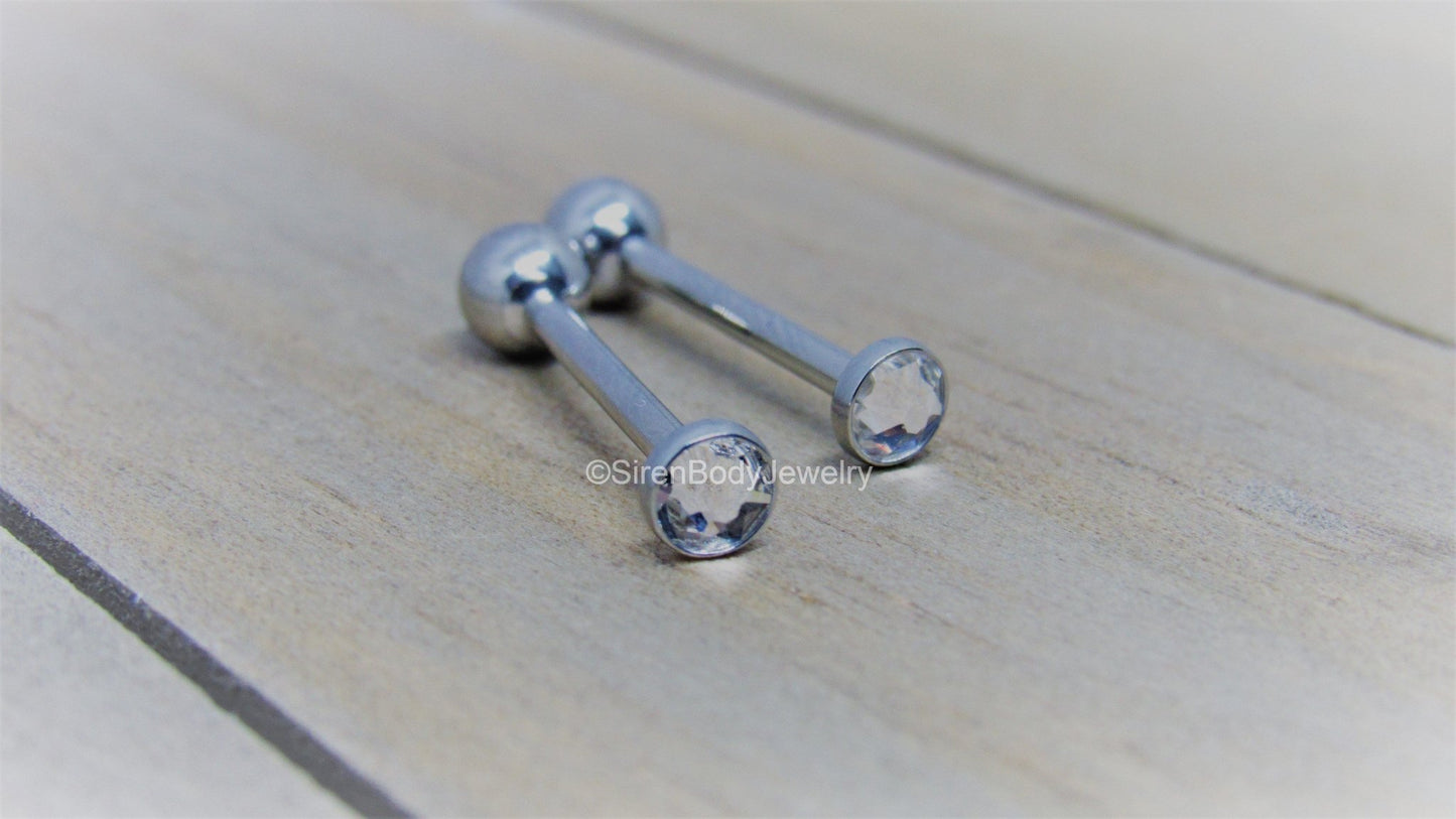 Cheek piercing barbell 14g 4.4mm CZ clear gem internally threaded titanium 5/8" 3/4" straight bar - SirenBodyJewelry