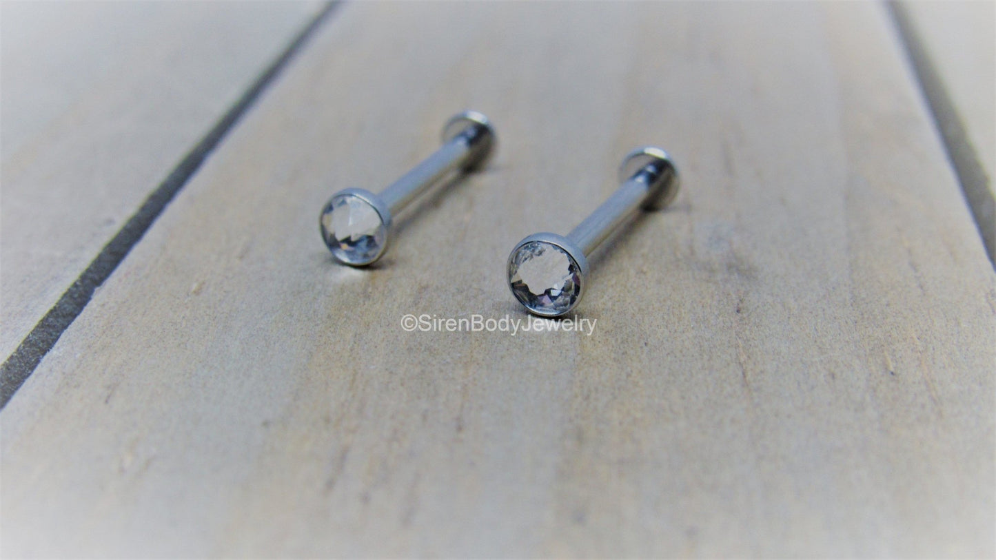 Cheek piercing barbell 14g 4.4mm CZ clear gem internally threaded titanium 5/8" 3/4" straight bar - SirenBodyJewelry