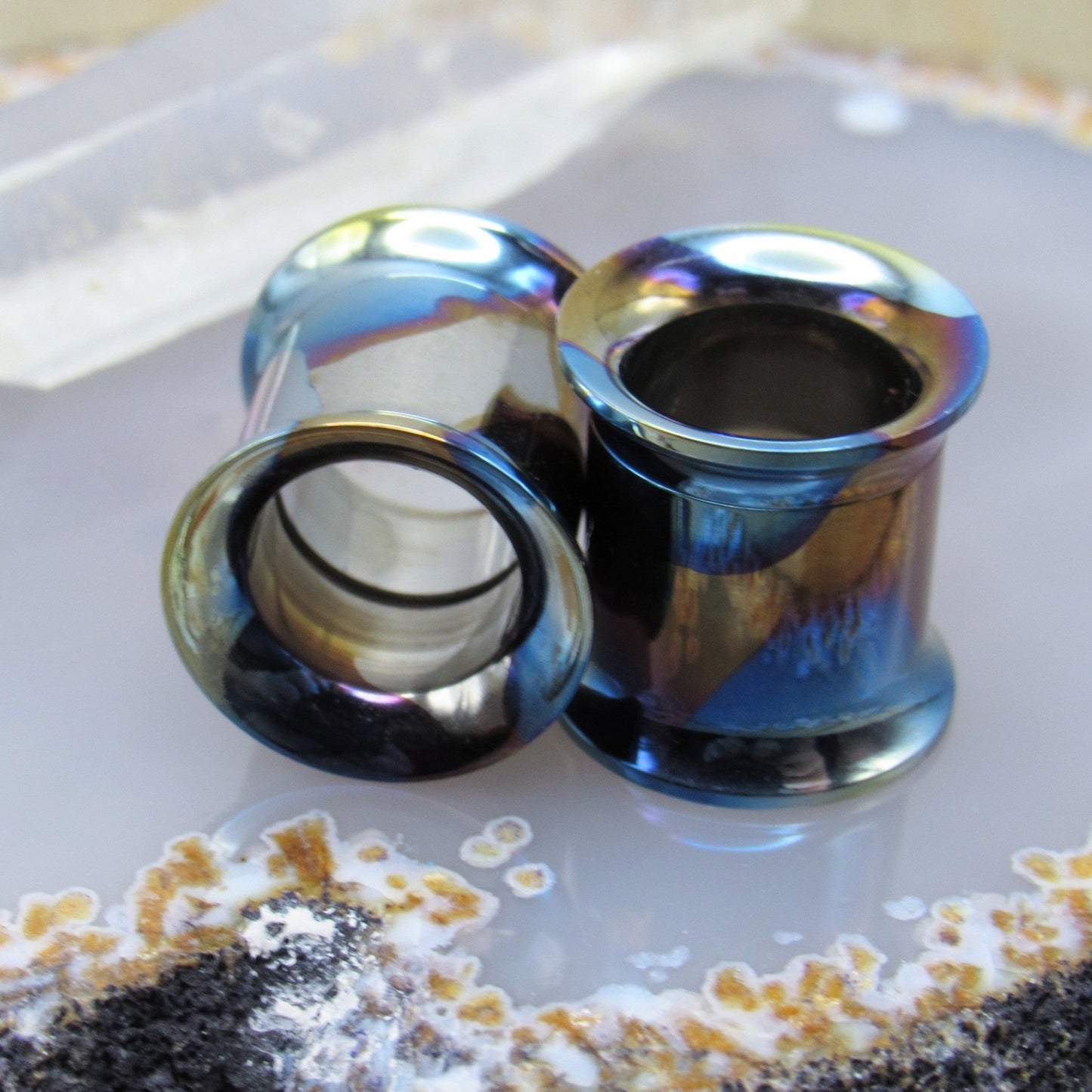 Double flare titanium tunnel earring set 00g rainbow anodized internally threaded flesh tunnel stretched ear piercing jewelry - Siren Body Jewelry