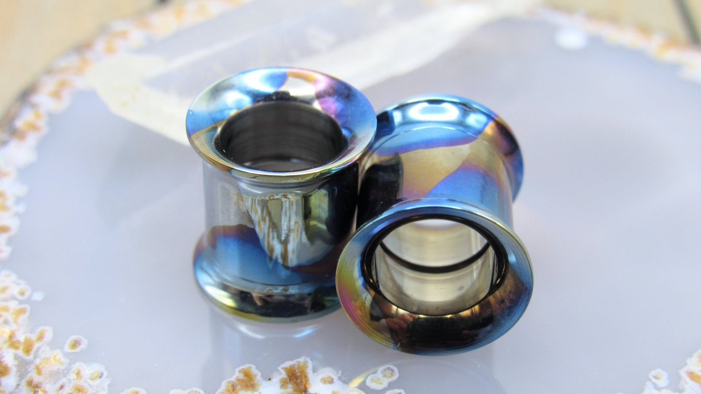 Double flare titanium tunnel earring set 00g rainbow anodized internally threaded flesh tunnel stretched ear piercing jewelry - Siren Body Jewelry