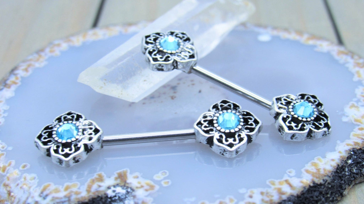 Gemstone Filigree Nipple Piercing Ring Set 14g 9/16" - Siren Body Jewelry