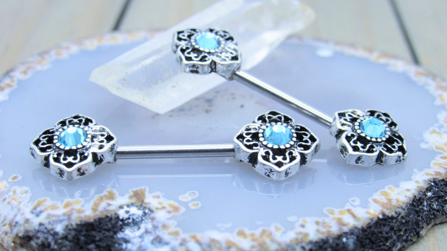 Gemstone Filigree Nipple Piercing Ring Set 14g 9/16" - Siren Body Jewelry