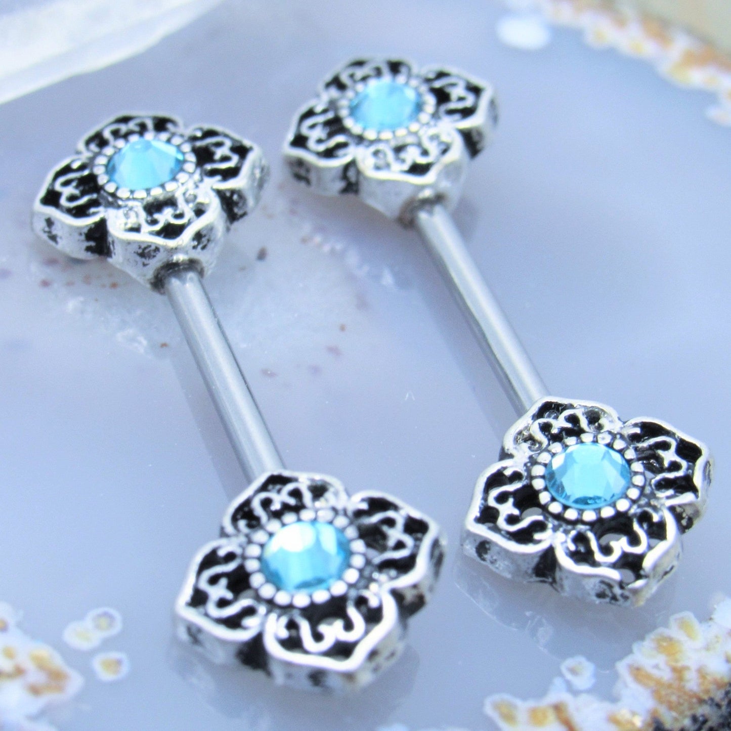 Gemstone Filigree Nipple Piercing Ring Set 14g 9/16" - Siren Body Jewelry