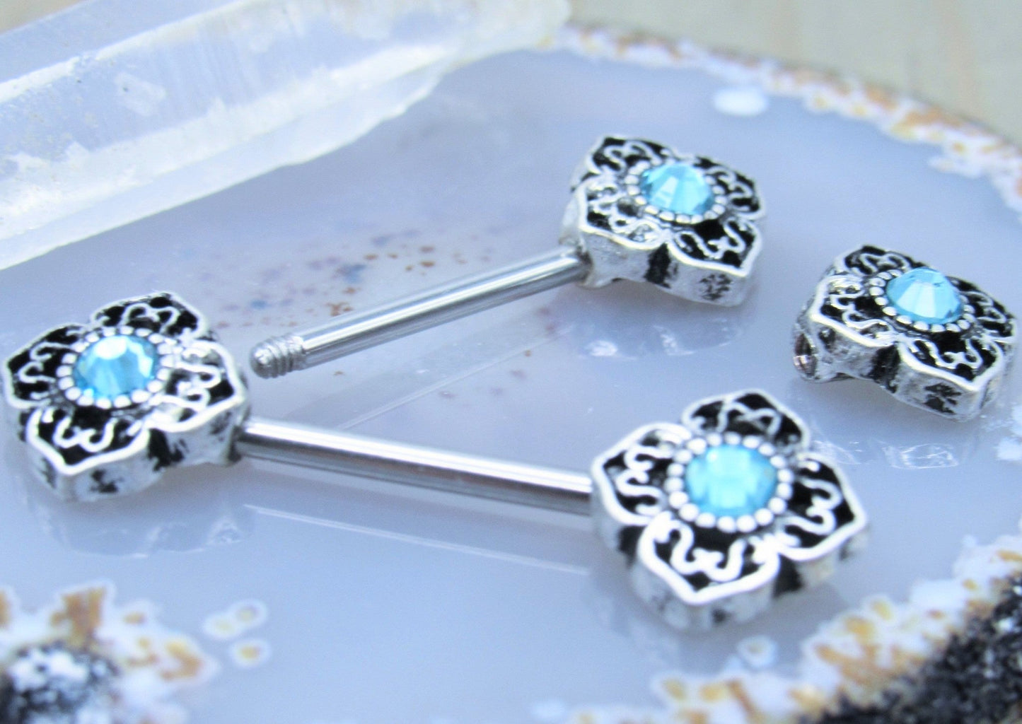 Gemstone Filigree Nipple Piercing Ring Set 14g 9/16" - Siren Body Jewelry