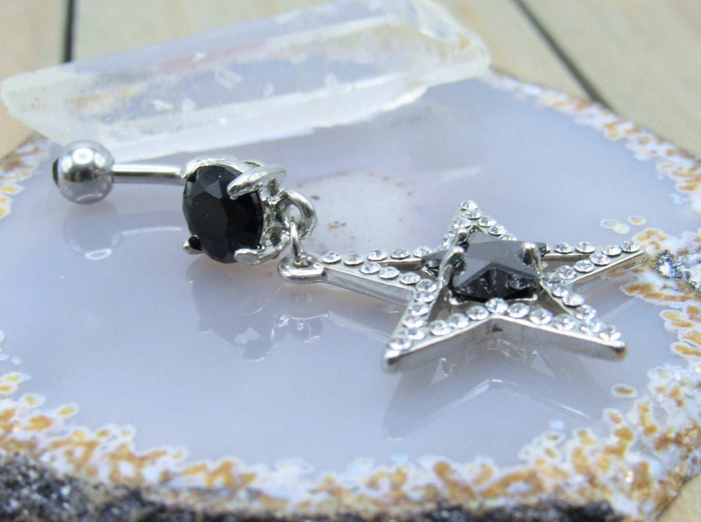 Gemstone star dangle belly button piercing ring 14g black clear cz gems 7/16" length curved bar - Siren Body Jewelry