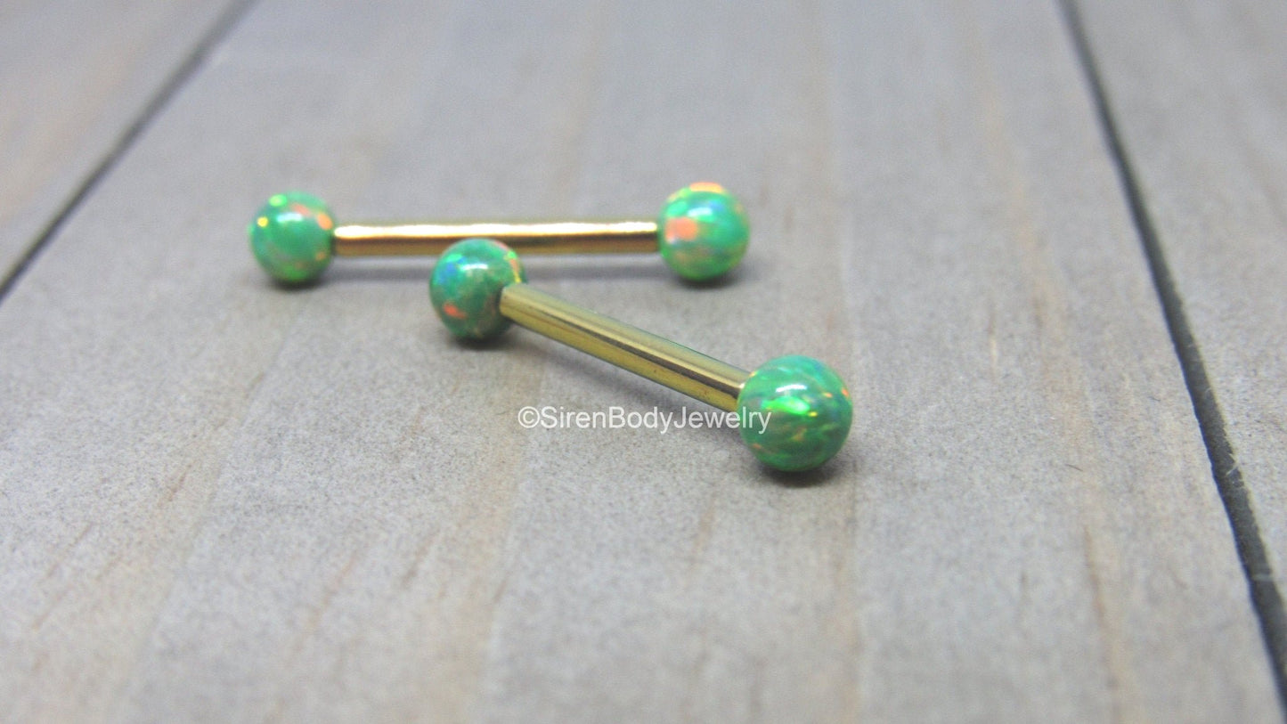 Green opal nipple piercing set 14g titanium internally threaded pink opals straight barbells - SirenBodyJewelry
