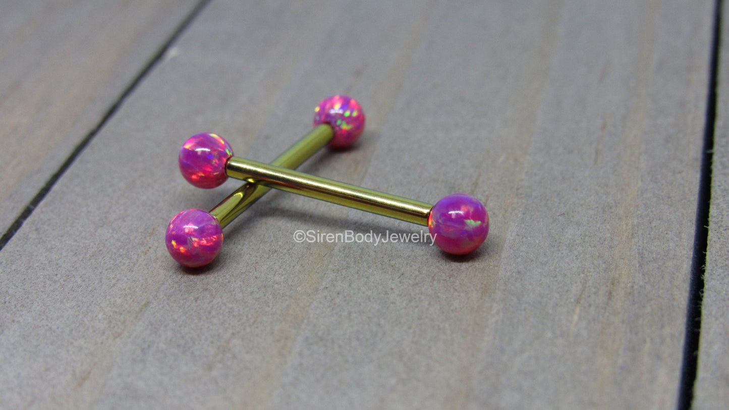 Green opal nipple piercing set 14g titanium internally threaded pink opals straight barbells - SirenBodyJewelry