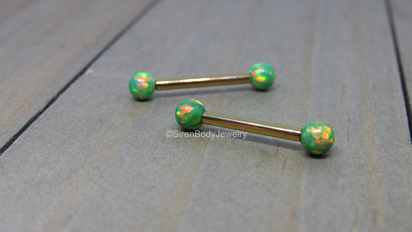 Green opal nipple piercing set 14g titanium internally threaded pink opals straight barbells - SirenBodyJewelry