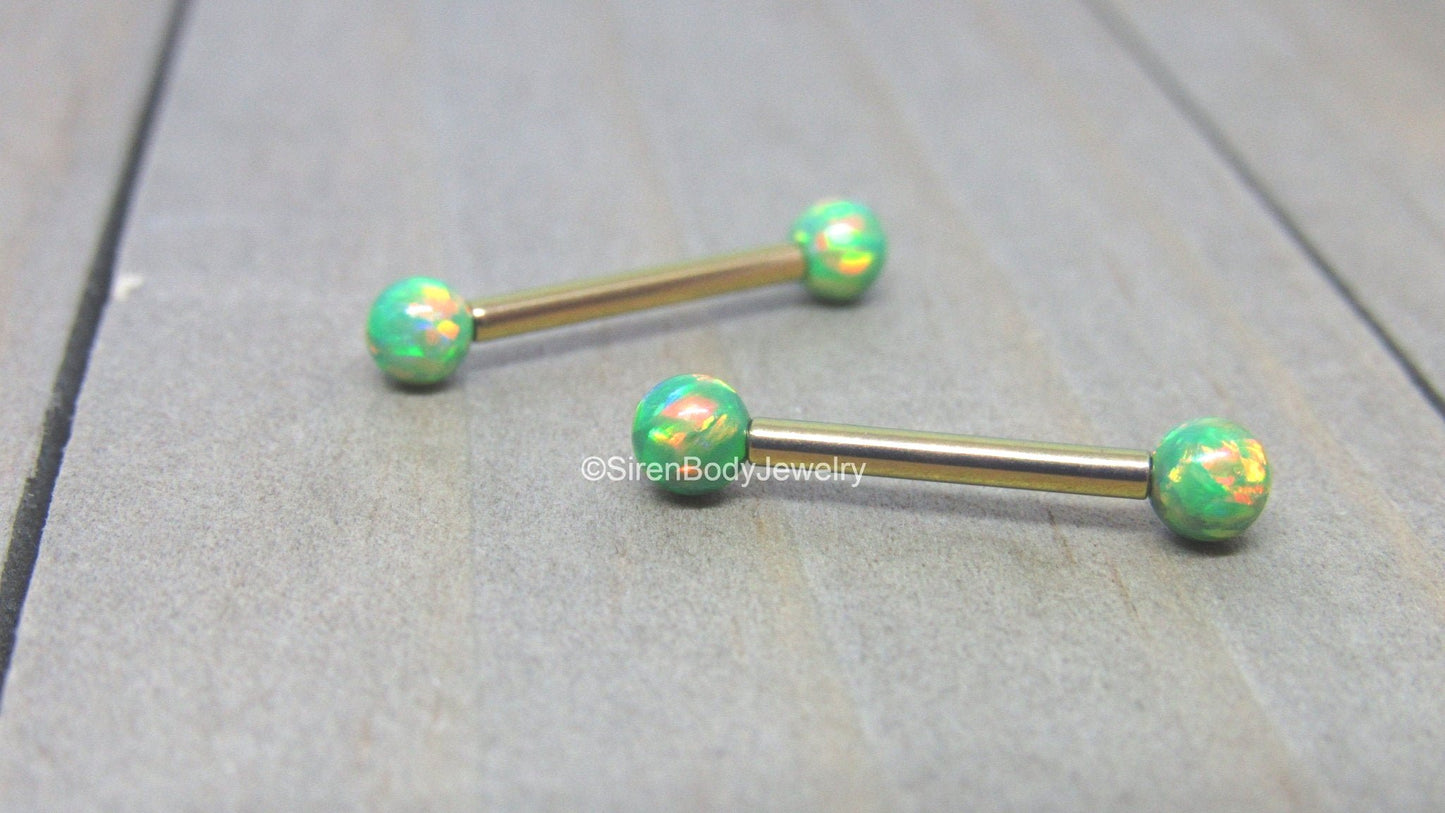 Green opal nipple piercing set 14g titanium internally threaded pink opals straight barbells - SirenBodyJewelry