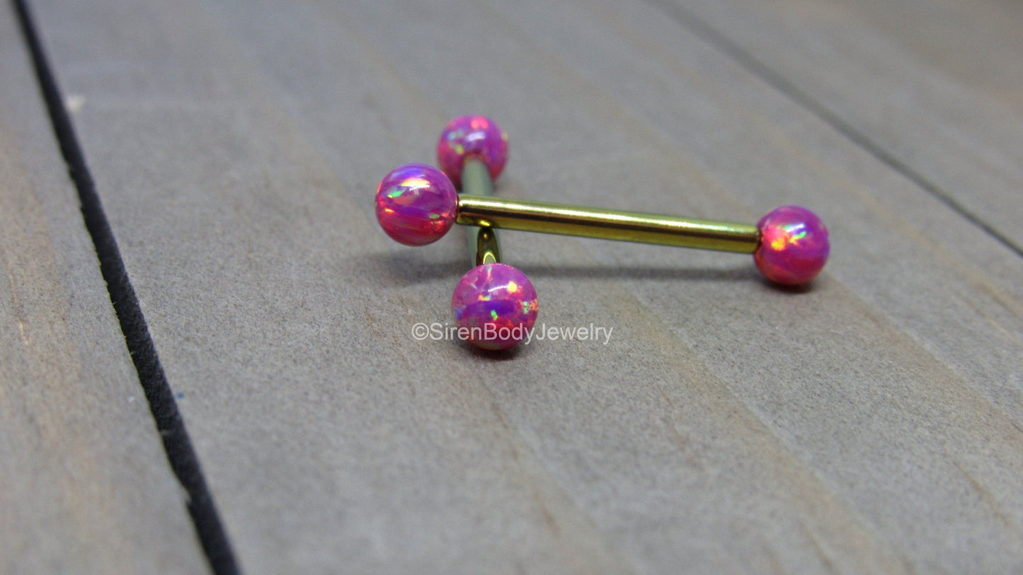 Green opal nipple piercing set 14g titanium internally threaded pink opals straight barbells - SirenBodyJewelry
